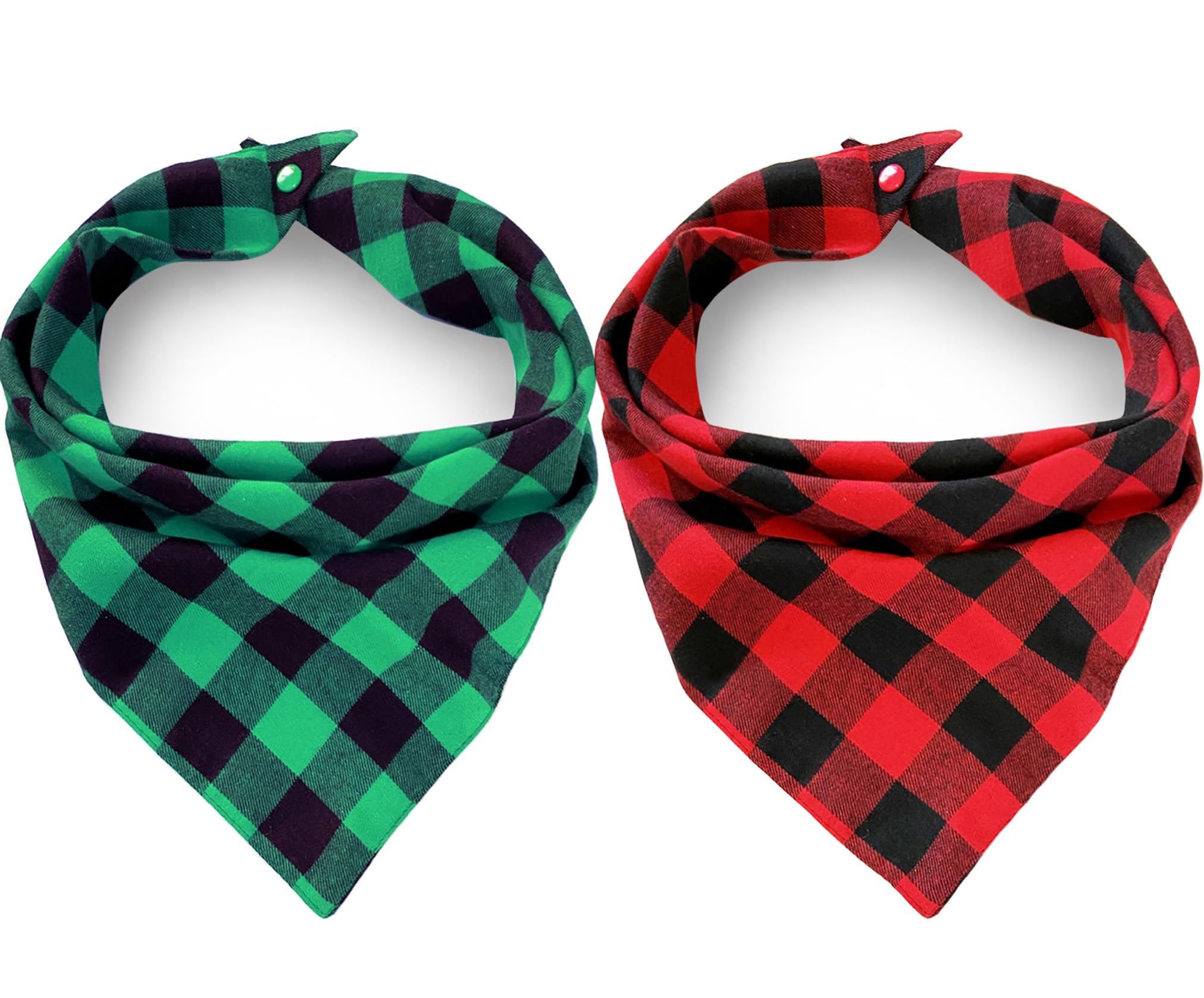 2Pcs Chirstmas Green And Red Plaid Dog Bandanas With Button, Dual Layer Scarf Soft Cotton Triangle Bib Girls And Boys Kerchief A