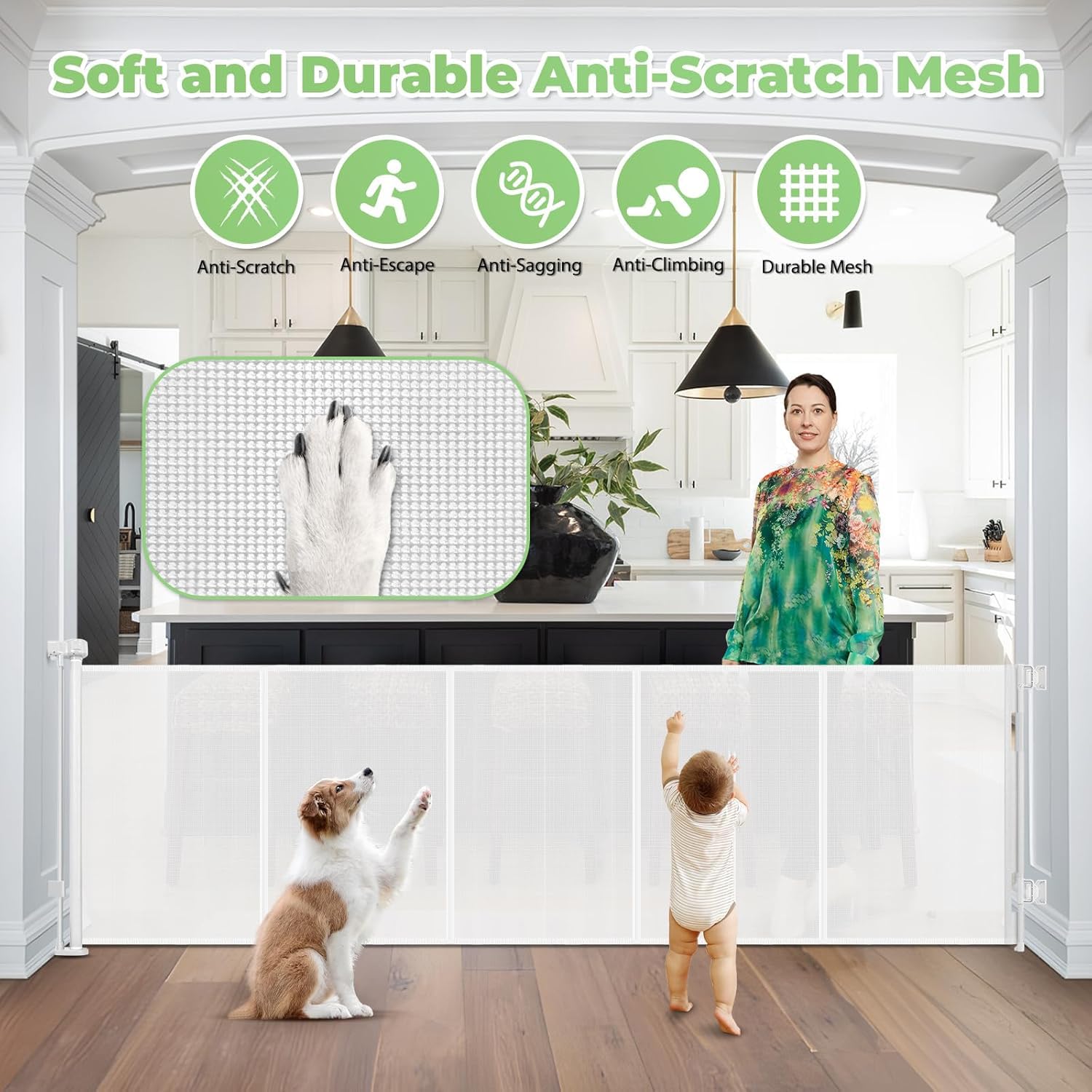 Stcockis 120 Inch Retractable Baby & Dog Gate - White, 33" Tall, Mesh Fabric, Indoor/Outdoor, Model XMF-B789231