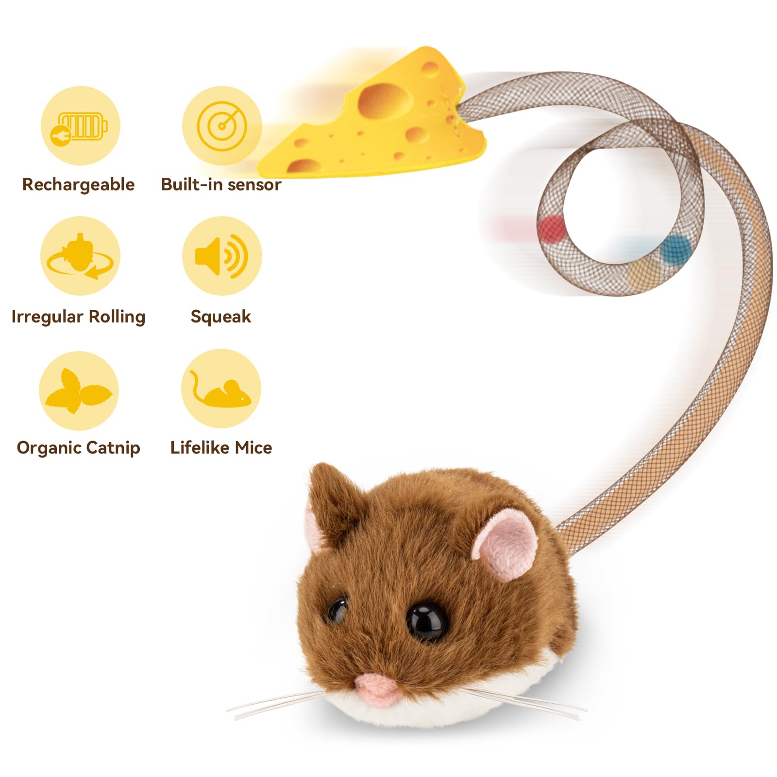 Migipaws Interactive MigiMouse Cat Toy 360 Rolling & Spin with Wiggling Tail for Indoor Cats Smart Motion Sensor, Realistic Sque