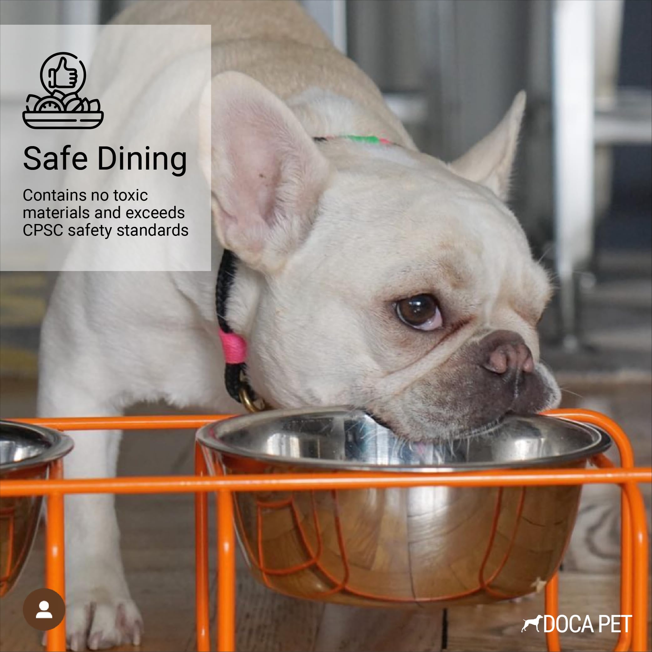 Doca Pet Elevated Dog Bowls Stand - 2 Stainless Steel Dishes, Non-Skid, Modern Design, Small, Orange Frame, Model WDS-OR-3CP
