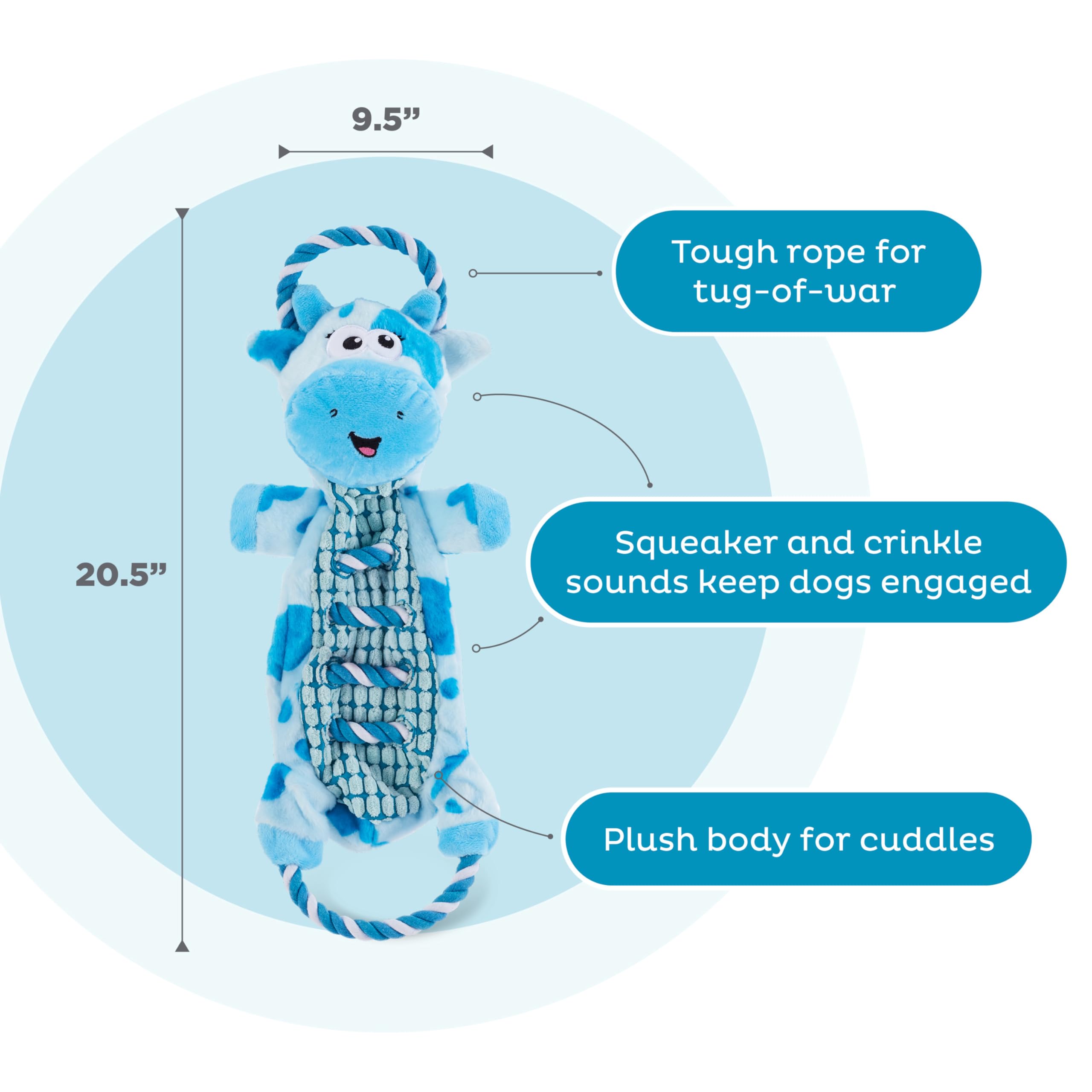 Outward Hound By Charming Pet Ropiez Rope Interactive Dog Tug Toy For Tugging Squeaky Fun, Cow, Blue