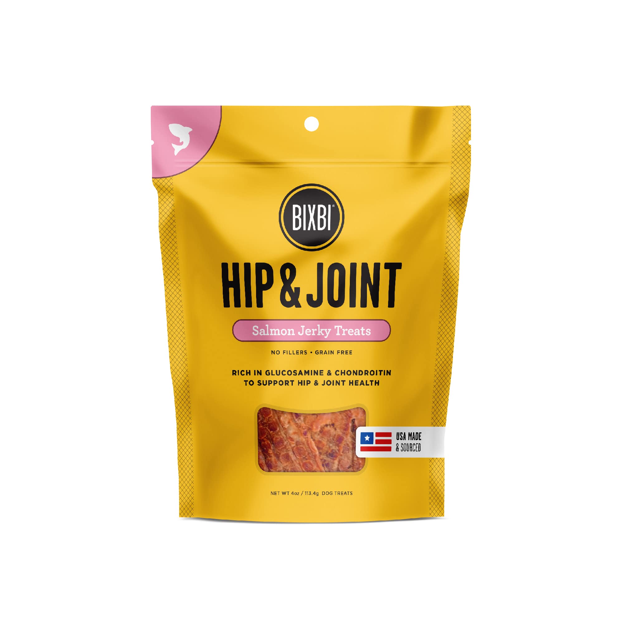 BIXBI Hip & Joint Support Salmon Jerky Dog Treats, 4 oz - USA Made Grain Free Dog Treats - Glucosamine, Chondroitin for Dogs - H