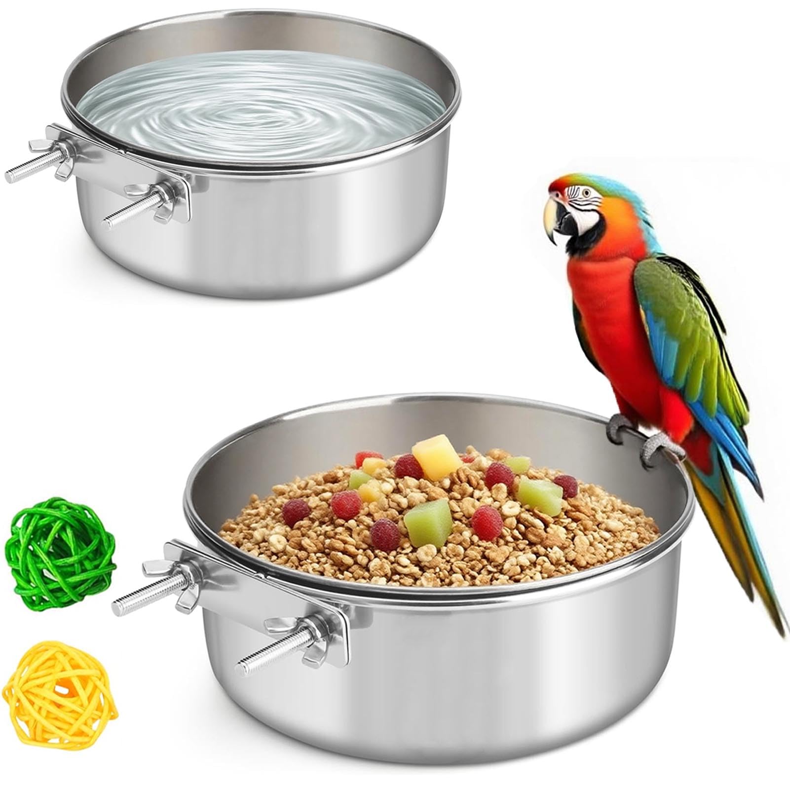 2 Pcs Stainless Steel Bird Food Water Bowls, Parrot Feeding Dish Cups with Clamp Holder Bird Ball Toys for Chinchilla, Cockatiel