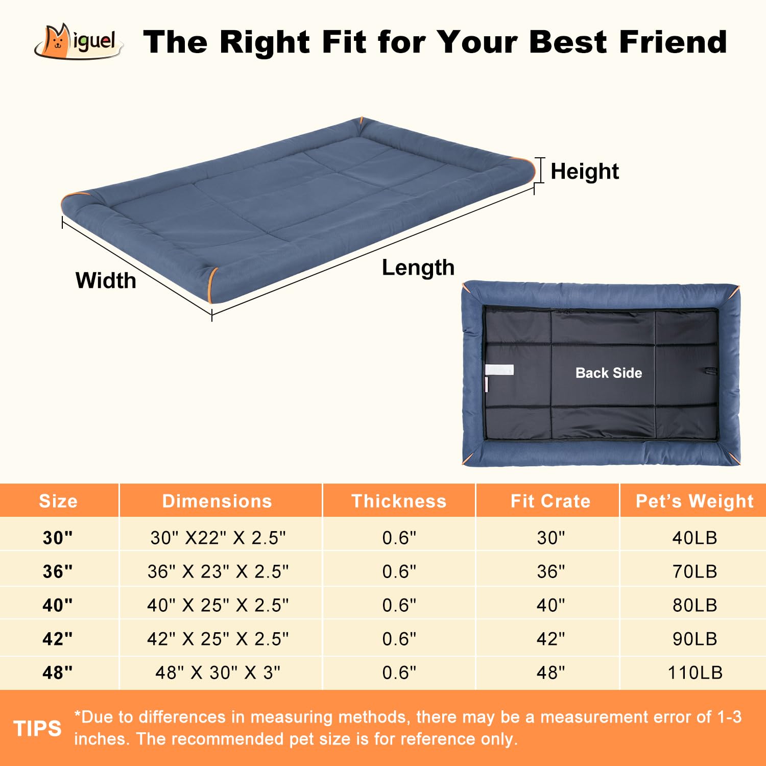 Miguel Outdoor Waterproof Dog Bed For Metal Dog Crates Water-Resistant Oxford All Weather Pet Mat Durable Easy Wipe Clean Travel Indoor Outdoor Puppy Bed(42Inch Dog Bed Dog Crate,Blue)