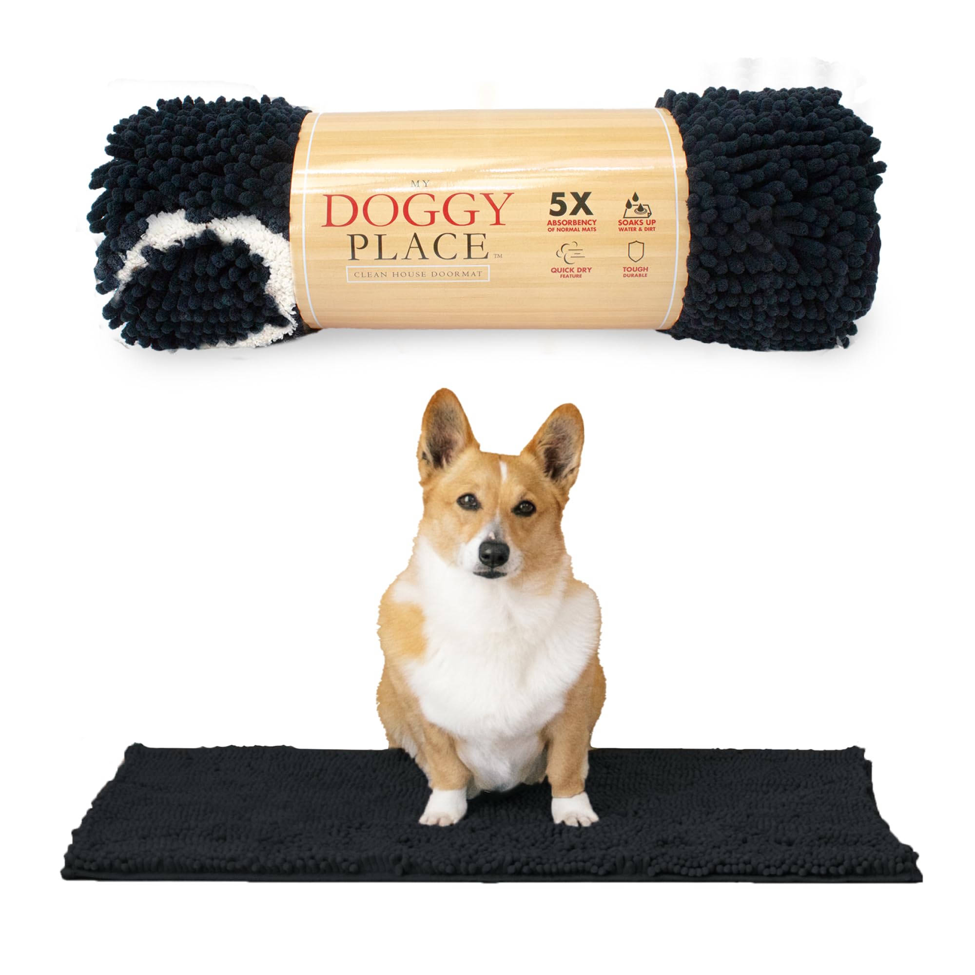 My Doggy Place Microfiber Dog Mat for Muddy Paws, 31 x 20 Black With Paw Print - Absorbent, Quick-Drying Paw Cleaning, Washer an