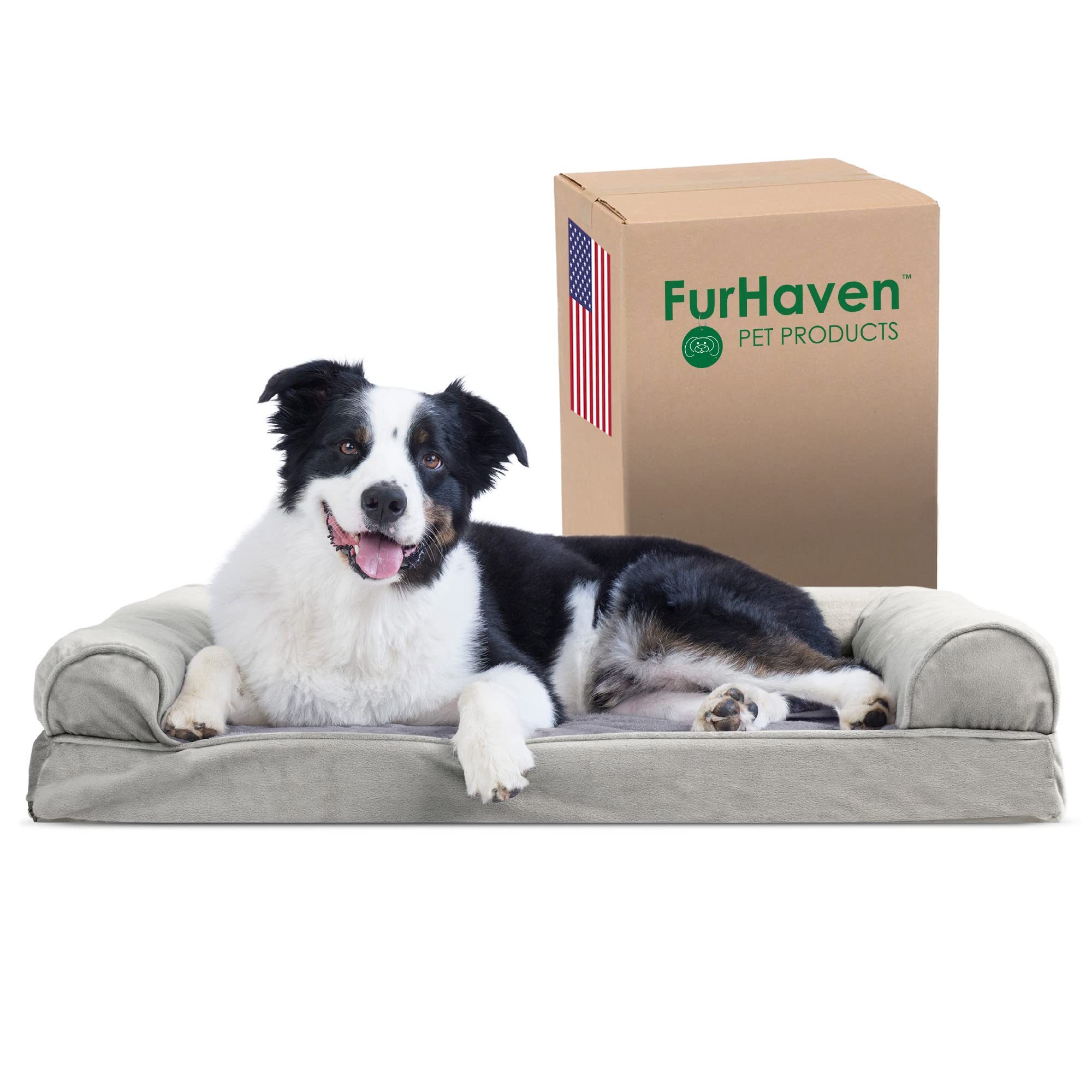 Furhaven Cooling Gel Dog Bed for Large/Medium Dogs w/ Removable Bolsters & Washable Cover, For Dogs Up to 55 lbs - Faux Fur & Ve
