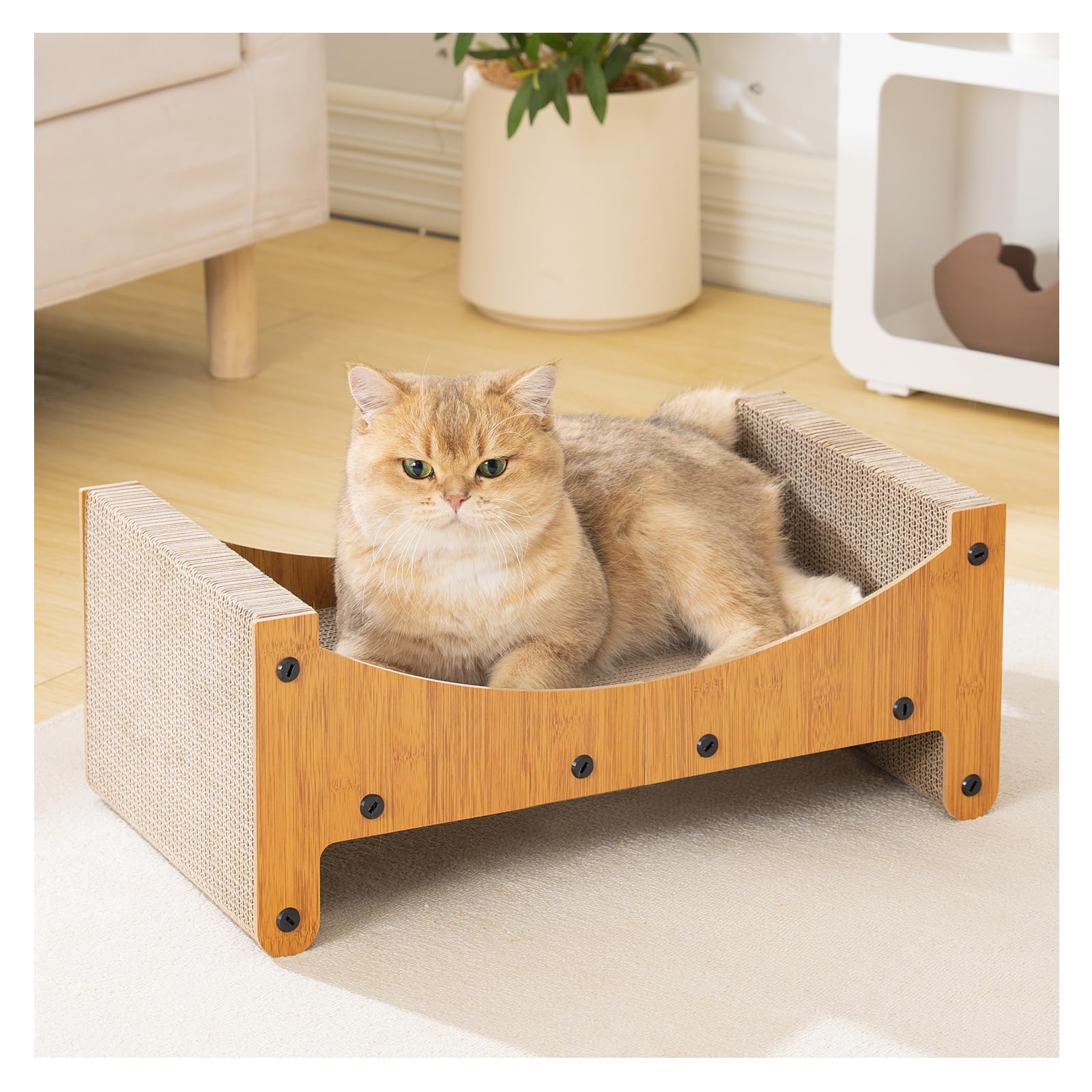 Avont Cat Scratcher Lounge, 3-in-1 Reversible Cardboard Scratching Bed, Horizontal Lounger for Indoor Cats Kittens - Nature