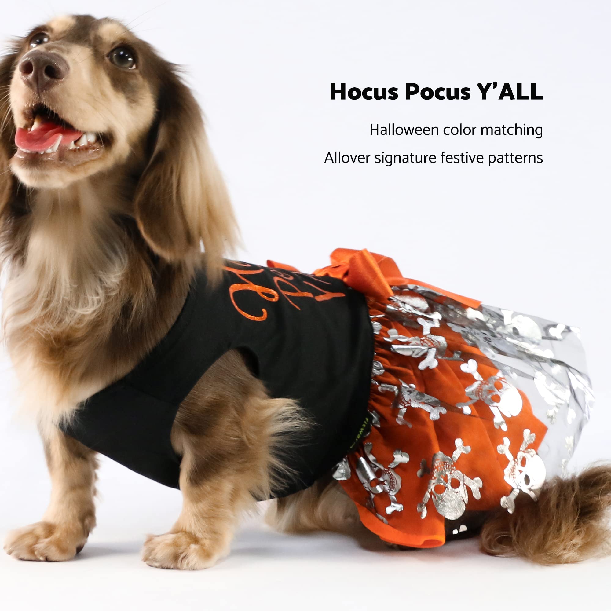 Fitwarm Hocus Pocus Y'all Funny Dog Halloween Tulle Dress, Holiday Dog Clothes for Small Dogs Girl, Funny Pirate Skull Pet Costu