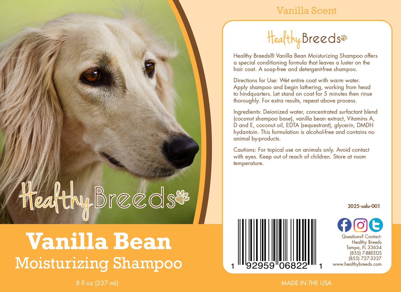Healthy Breeds Saluki Vanilla Bean Moisturizing Shampoo + Conditioner - With Vitamins A, D, E + Coconut Oil - 8 Oz