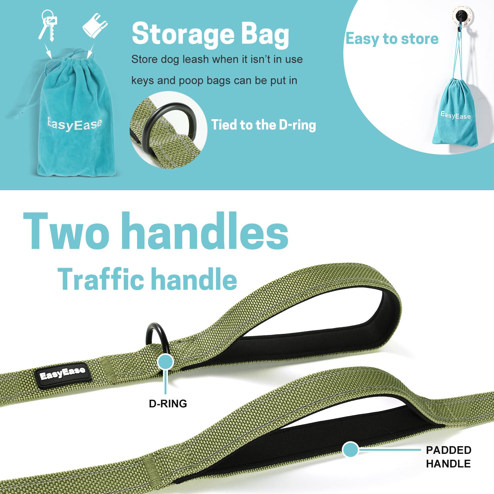 Easyease Dog Leash With 2 Comfortable Soft Padded Handles 6Ft Green Reflective Heavy Duty Pet Dog Walking Leashes Durable Dog Tr