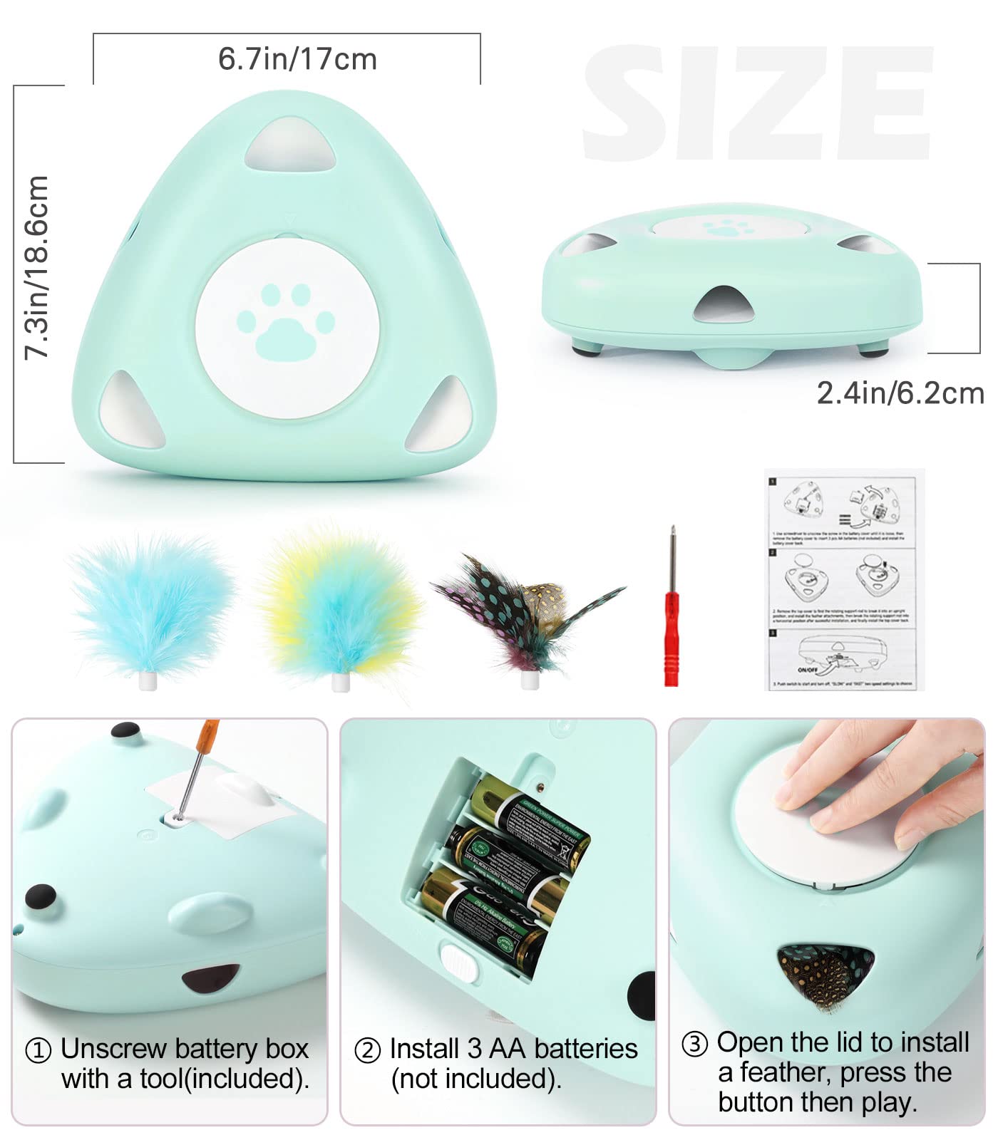 Pawaboo Interactive Cat Toys, Automatic Cat Exercise Teaser Toy With 3 Replacement Rotating Feathers, Automatic Electronic Rotating Teaser Kitten Toy For Indoor Cats, Kitty, Pet - Lake Blue