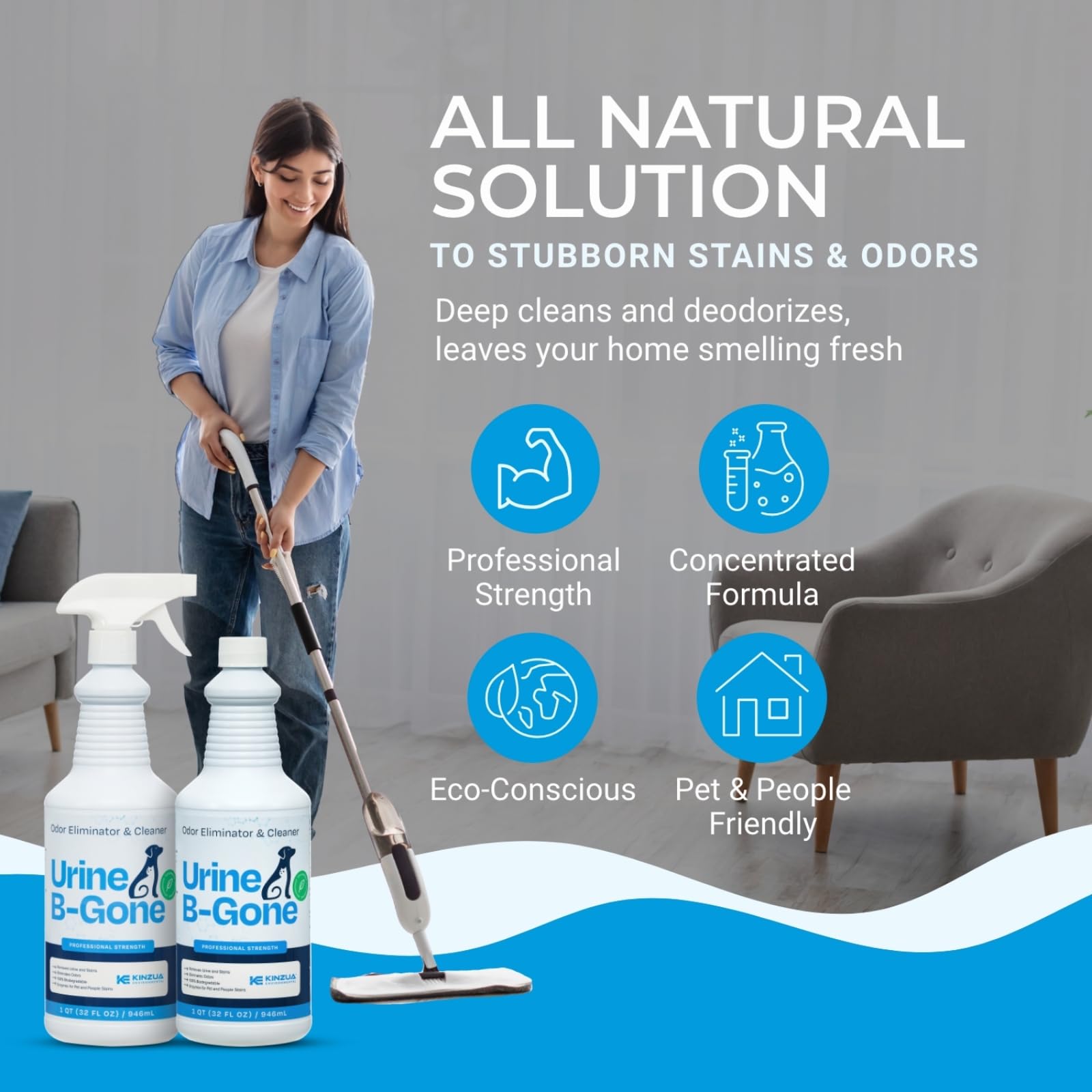 Urine-B-Gone Professional Urine Enzyme Odor Eliminator, 2-Pack, 50 Billion Enzymes, Concentrated Formula, Quarts