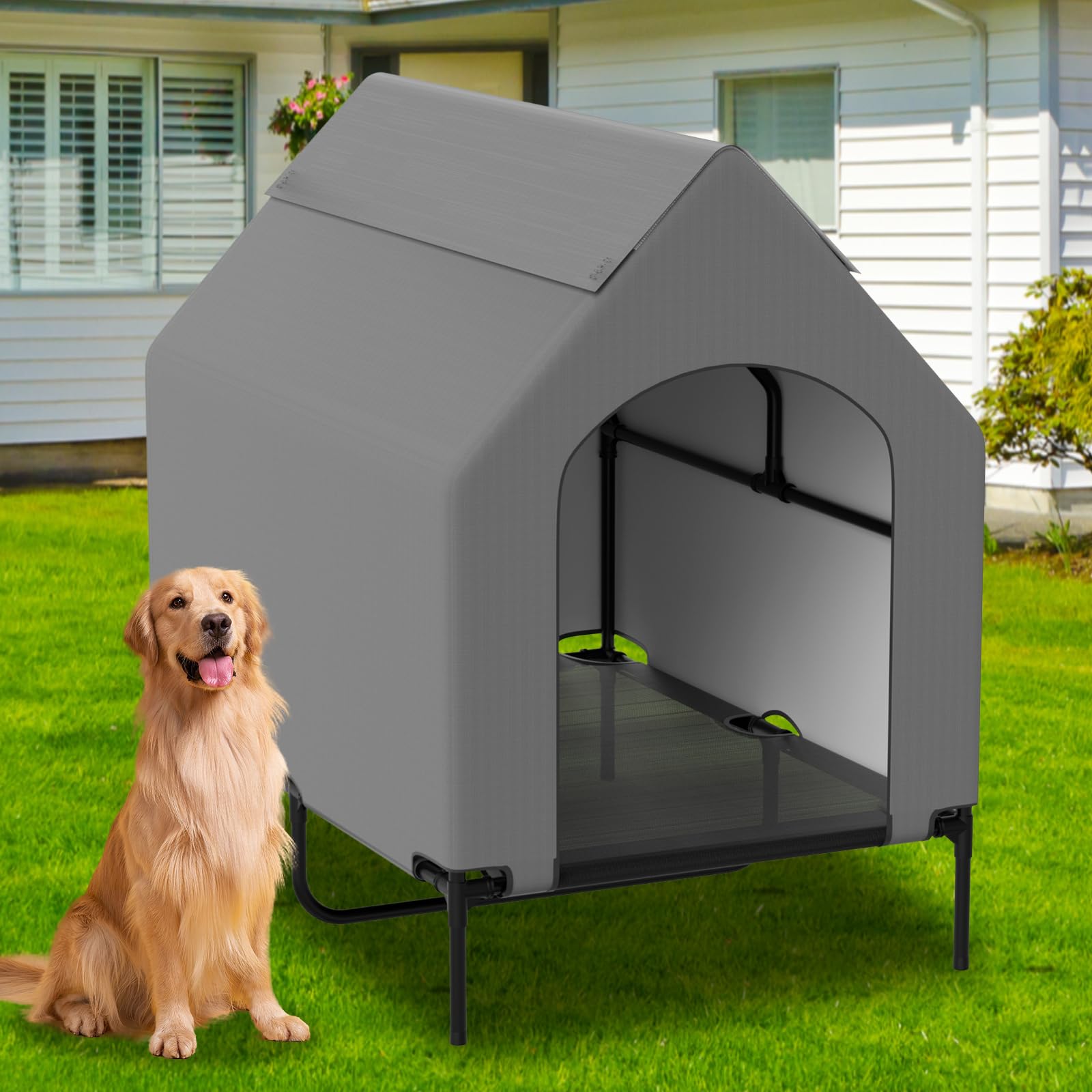 Theyfirst 48'' Dog House For Large Dogs Outside, Elevated Cooling Dog Beds For Outdoor Indoor, Weatherproof Raised Pet Shelter W