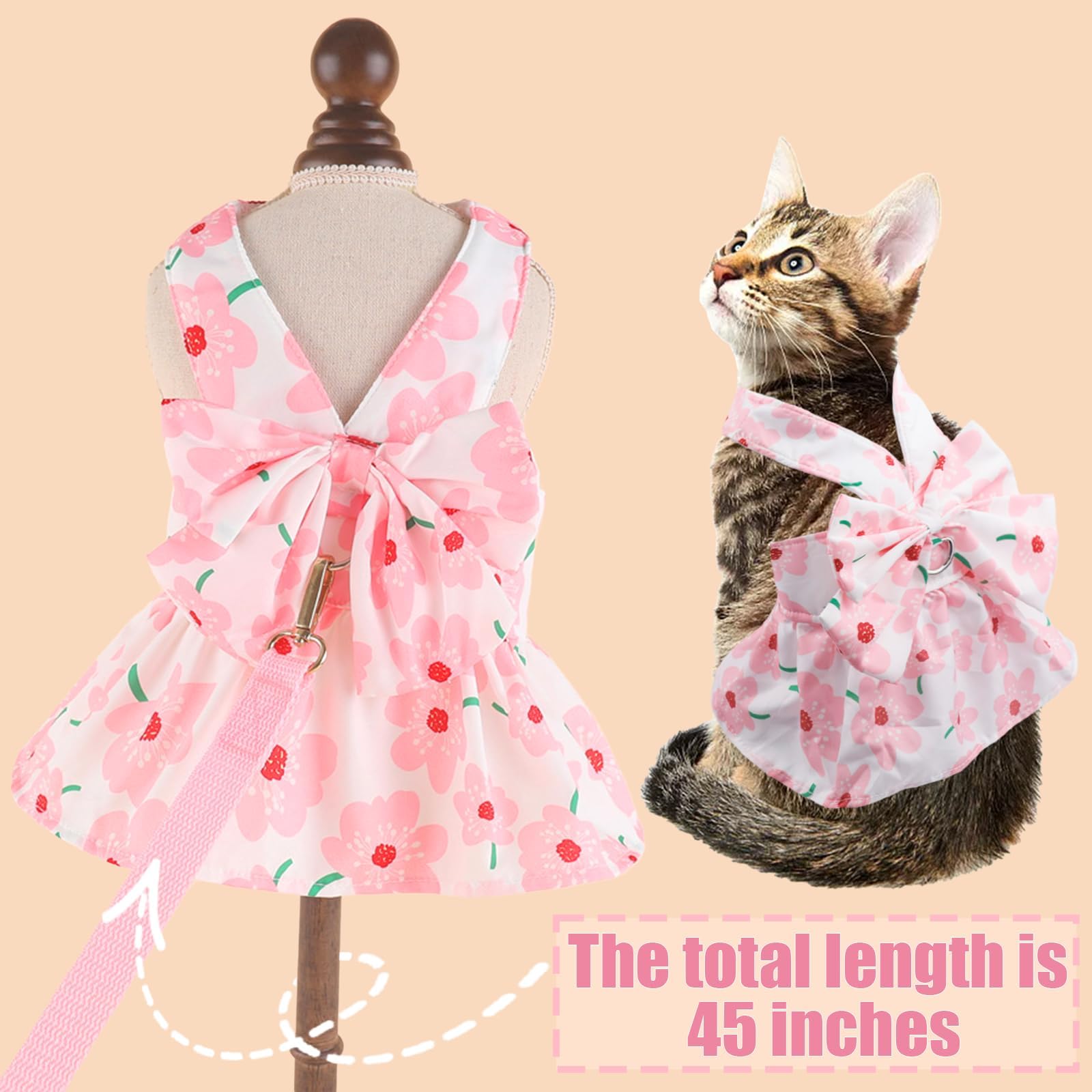 Dog Dress Bowknot Harness Leash Set For Small Girl Dogs Pink Floral Dog Cat Clothes Cute Puppy Outfits Pet Clothes Spring Summer