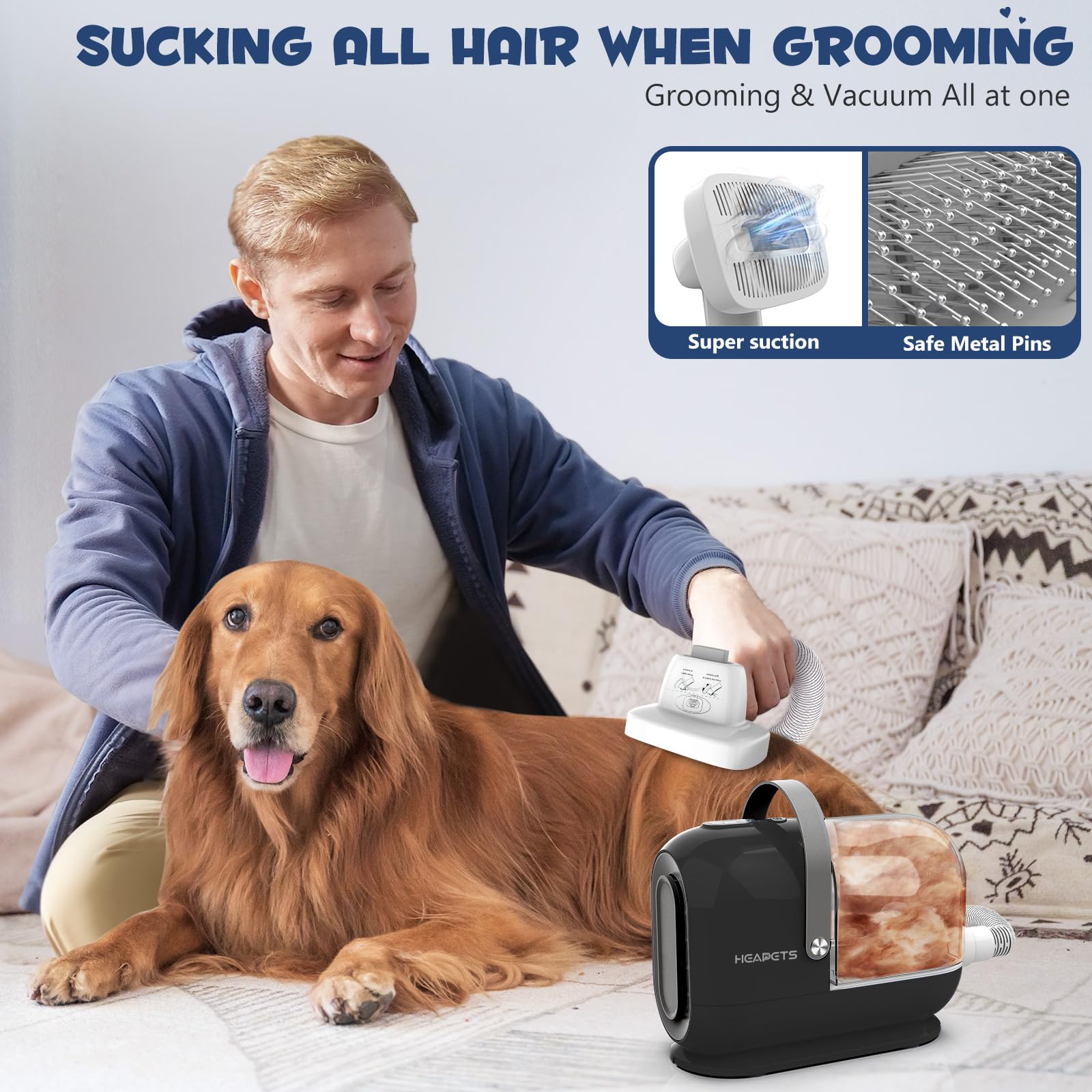 Heapets Dog Grooming Vacuum Kit - 3L Vacuum With 7 Tools, Low Noise Electric Clipper And Brush For Pet Shedding At Home, Black