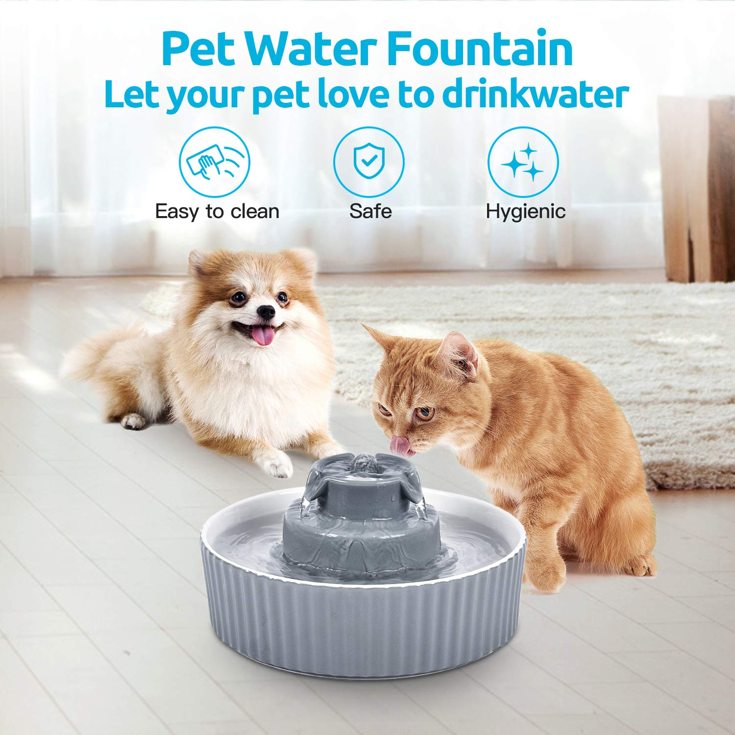 VinDox 2.1L Ceramic Cat Water Fountain - 70 Oz Capacity, Whisper-Quiet, Grey, Model PT-34, Ideal for Shy Pets