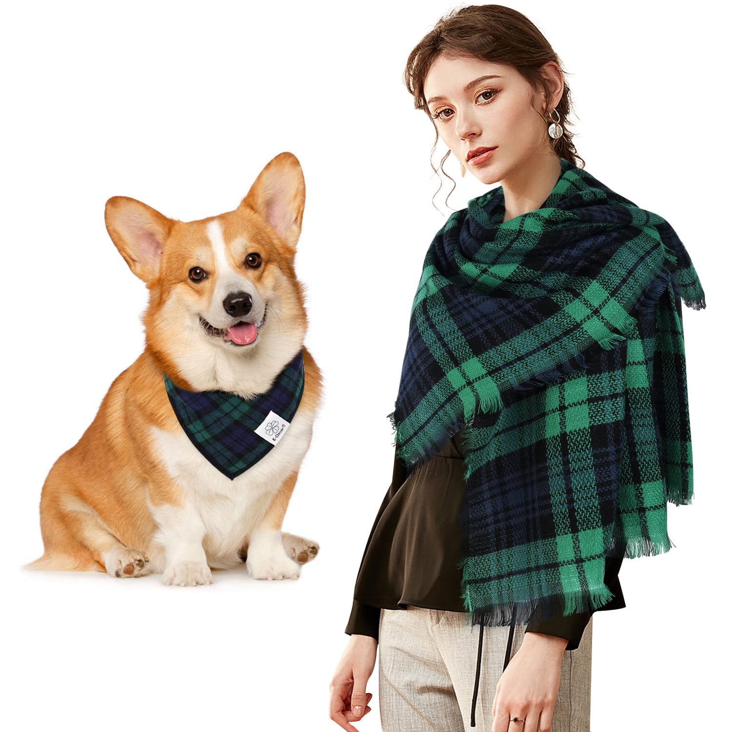 E-Clover Christmas Dog Bandanas Matching Owner Scarf Boy Plaid Dog Bandana Bibs With Tartan Scarves Shawl For Medium Large Dogs Mom Outfit Green