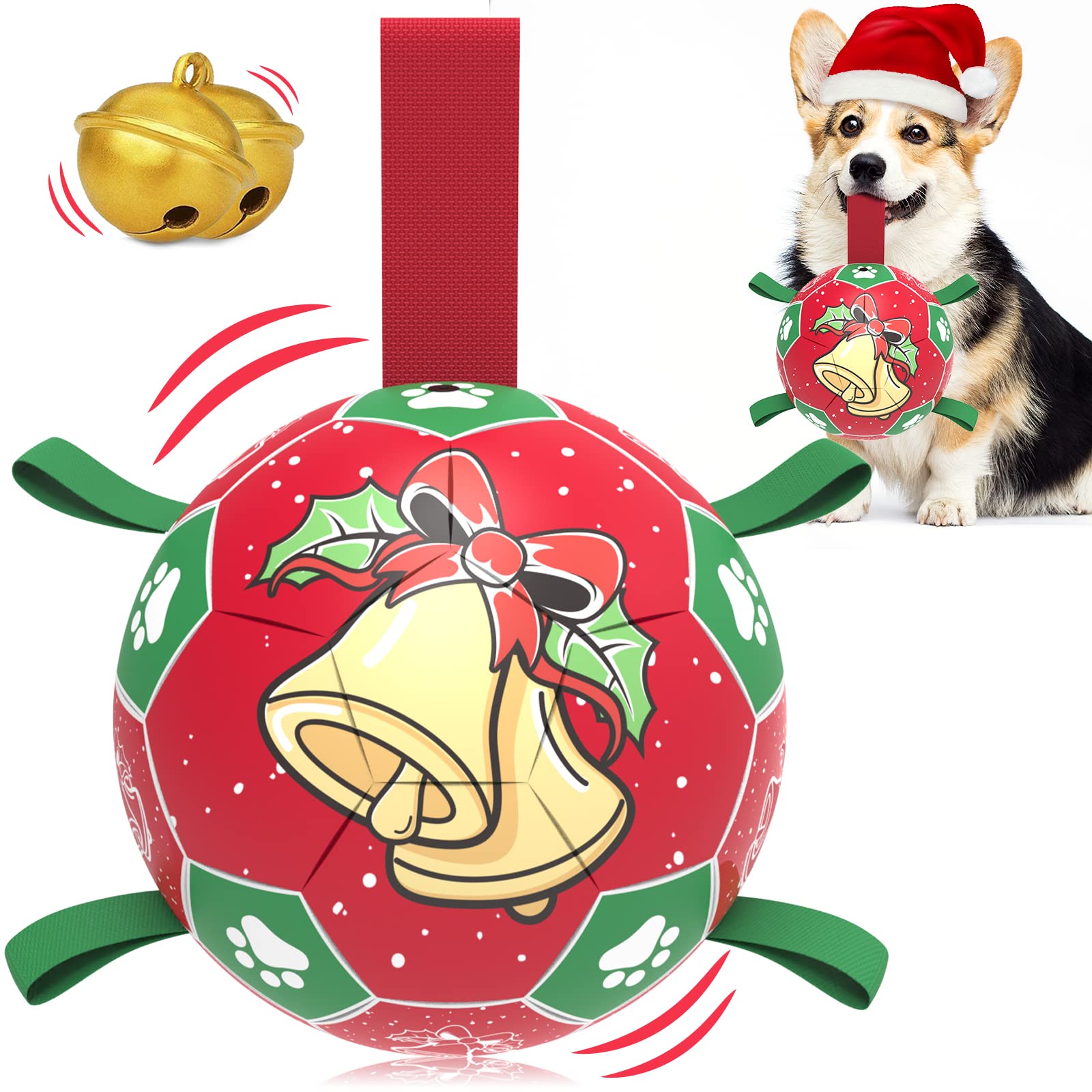 QDAN Christmas Dog Soccer Balls with Straps, Interactive Dog Toys for Tug of War, Puppy Birthday Gifts, Dog Tug Toy, Dog Water T