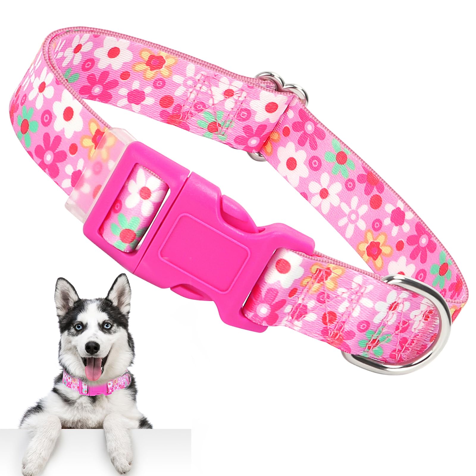Pink Dog Collar For Large Dogs With Flowers For Girl Dogs, Soft Nylon Adjustable Cute Female Dog Collars(Pink L)