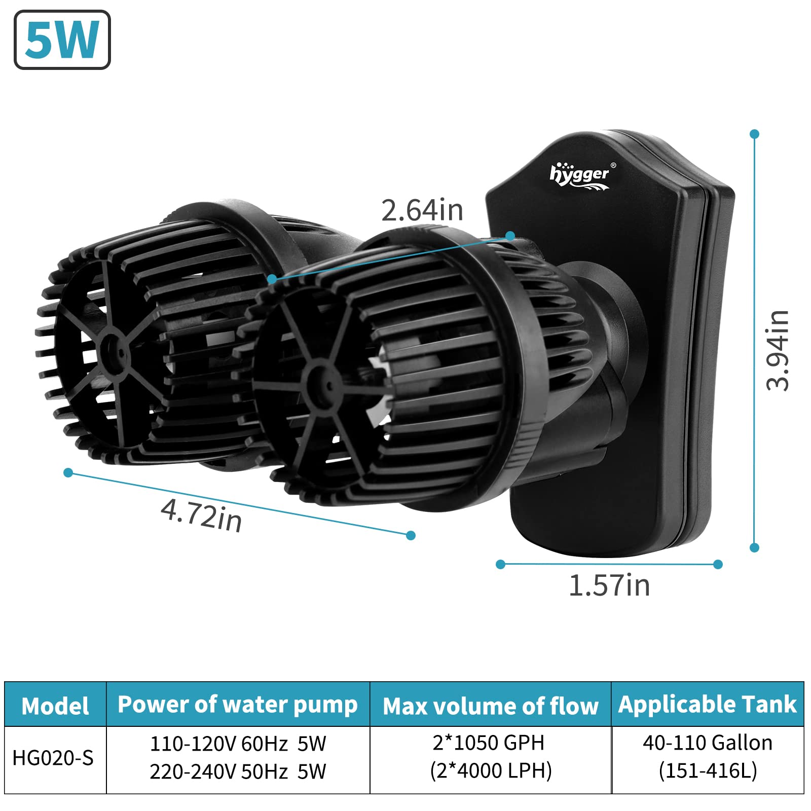 Hygger 2100Gph Double Head Aquarium Wave Maker, Quiet 5W Aquarium Circulation Pump, With Strong Magnetic Suction Base, 360Adjust