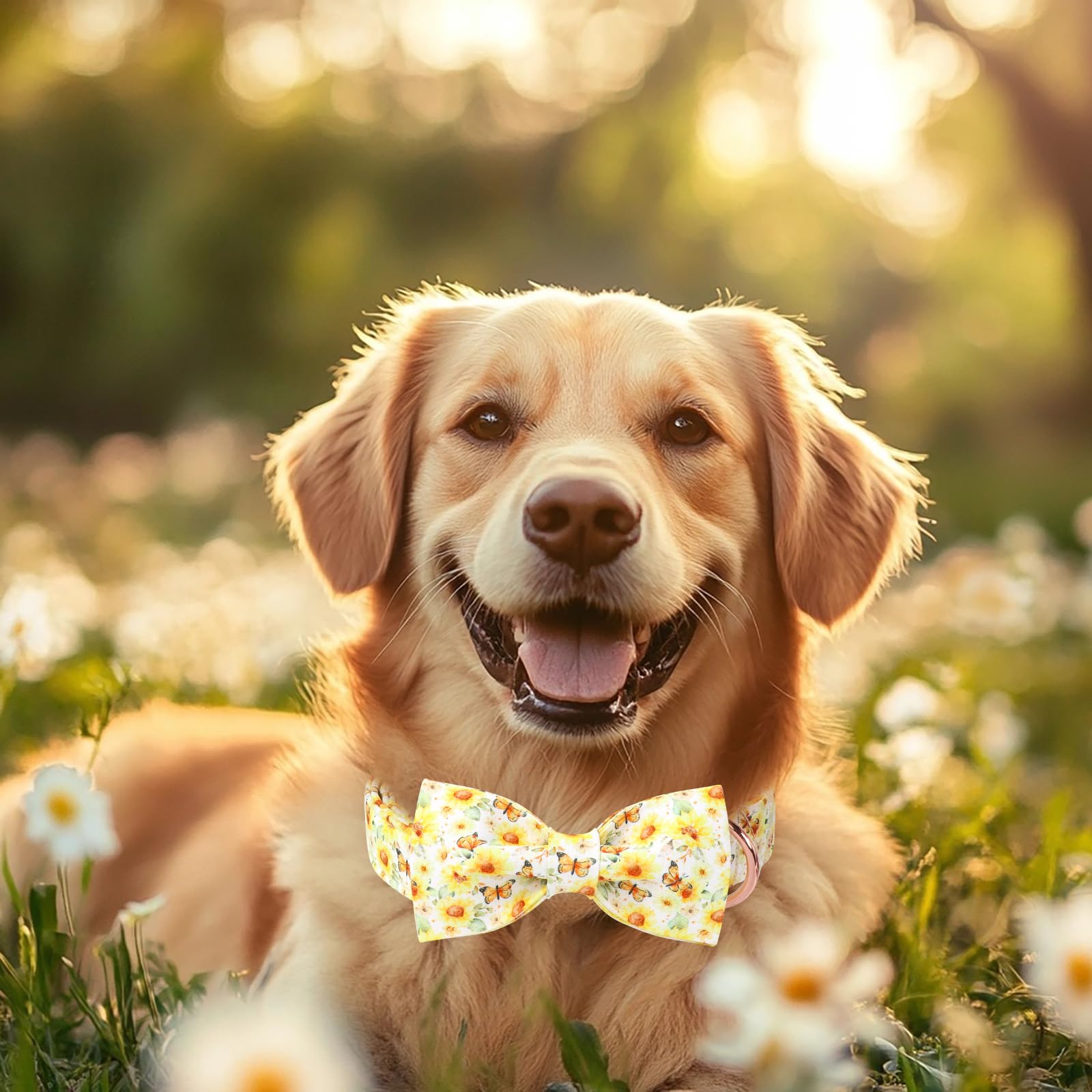 Babole Pet Floral Dog Collar With Bow Tie - Adjustable Yellow Sunflower Bowtie Collar Breathable Comfort Spring-Summer Dog Colla