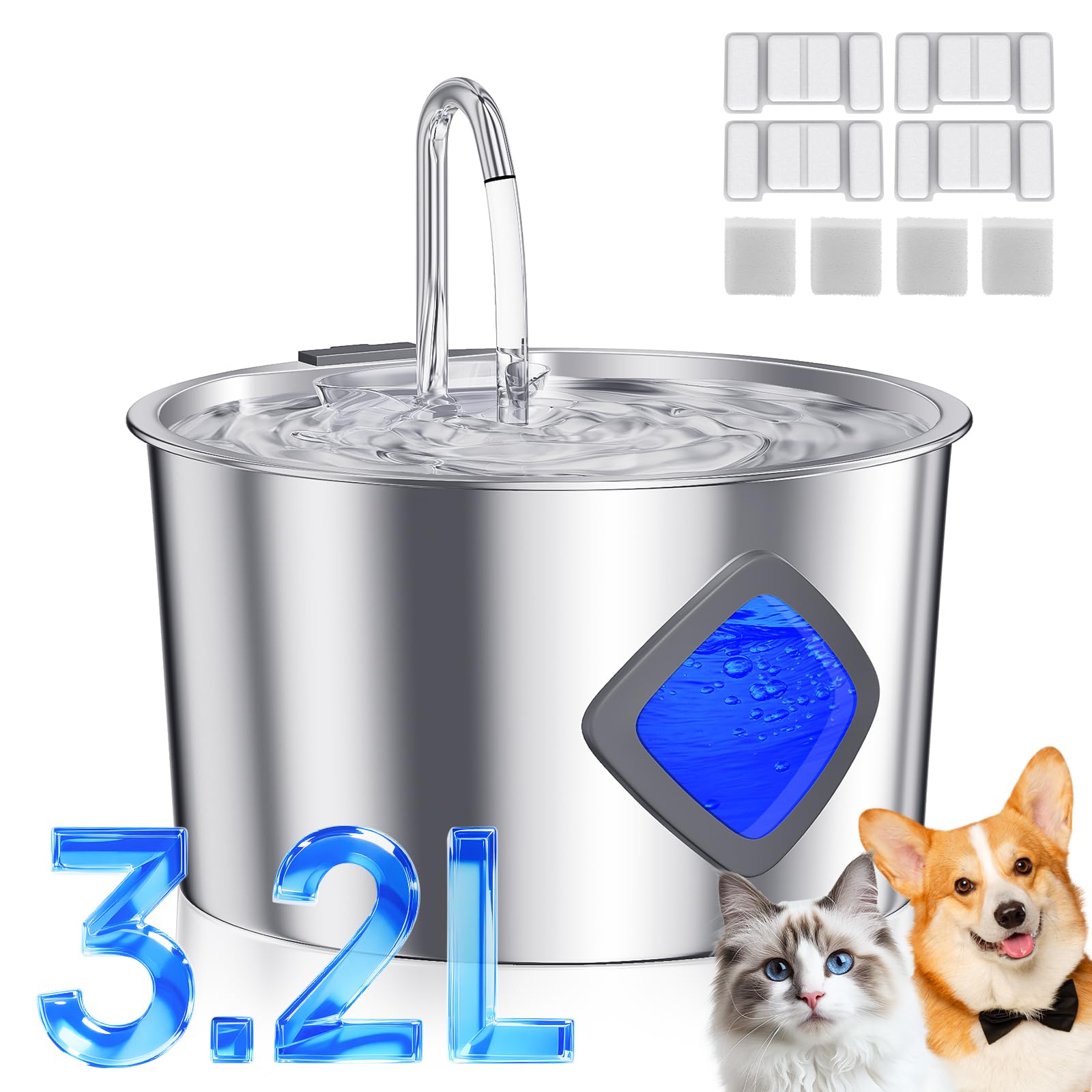 JIXZEN Cat Water Fountain Stainless Steel: 108oz/3.2L Automatic Pet Water Fountain for Cats Indoor- Quiet Cat Water Bowl Dispens