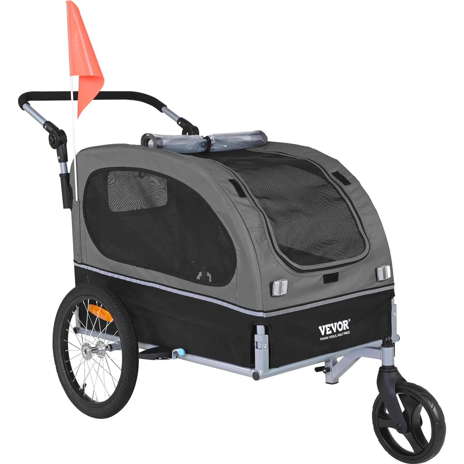 Vevor Dog Bike Trailer, Supports Up To 88 Lbs, 2-In-1 Pet Stroller Cart Bicycle Carrier, Easy Folding Cart Frame With Quick Release Wheels, Universal Bicycle Coupler, Reflectors, Flag, Black/Gray