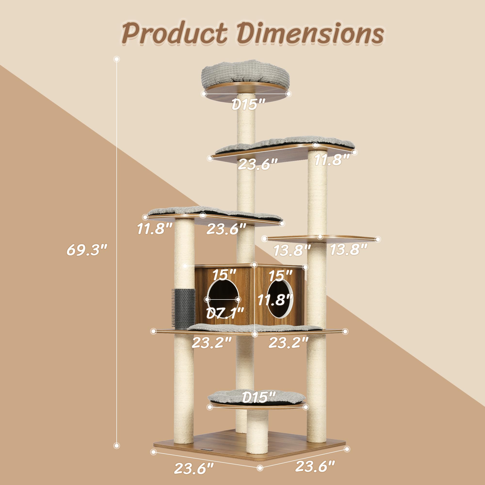 Kamaboko Tall Wood Cat Tree, 69    Large Cat Tower Multi-Level Platforms With Sisal Scratching Posts, Cat Tree For Large Cats 20