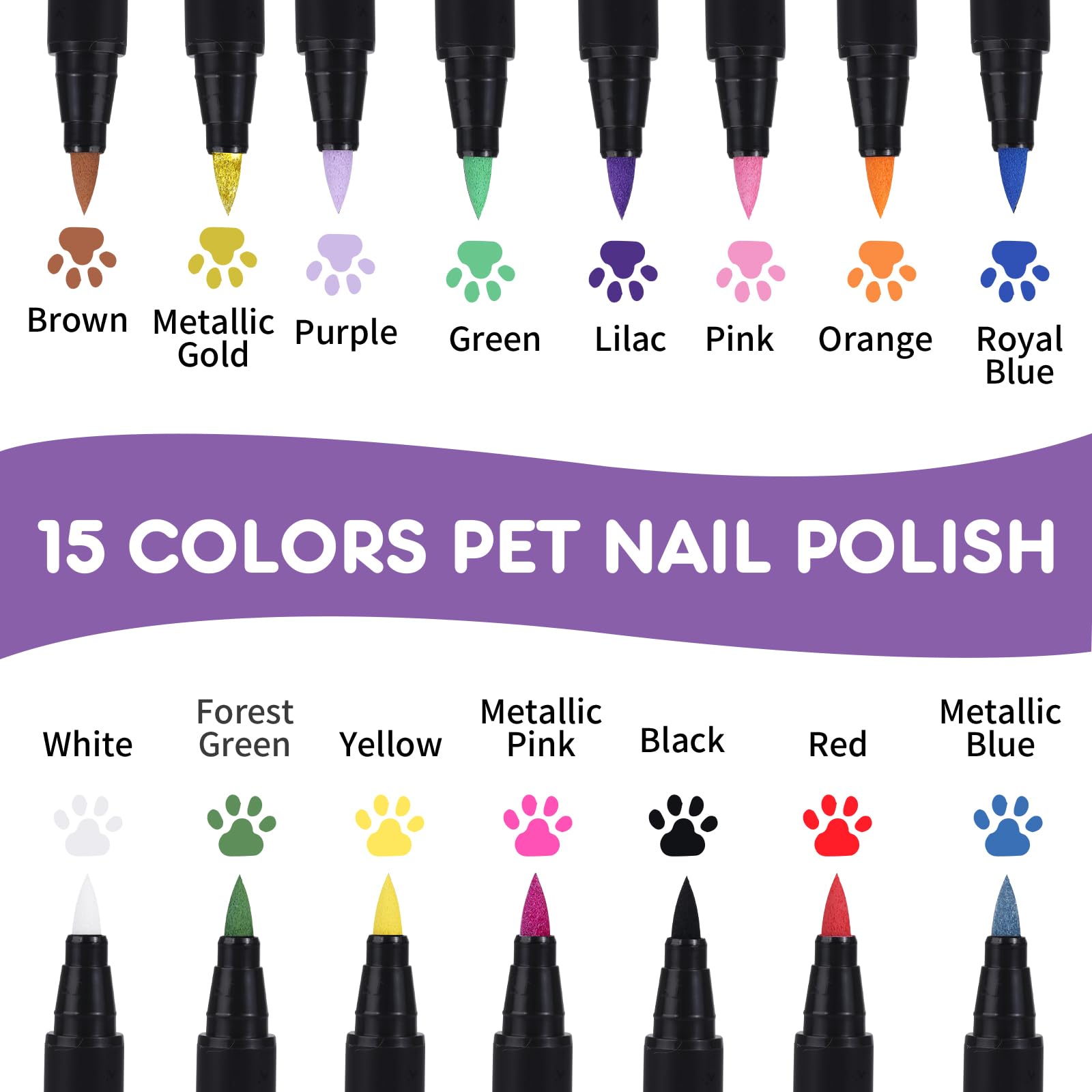 Cheloment 15 Colors Dog Safe Nail Polish Pen Quick Dry, Pet Nail Colors For Cats/Dogs/Birds/Rabbits, Easy To Apply