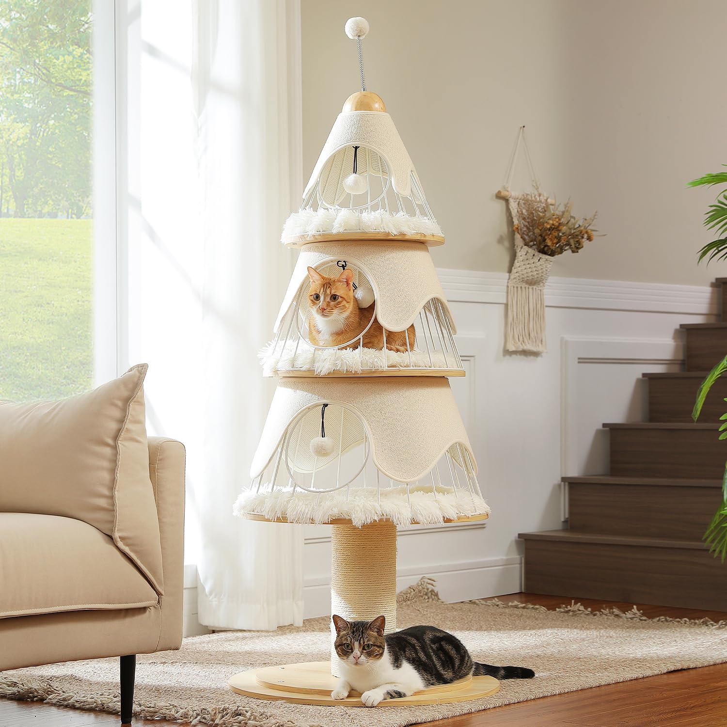 Muttros Modern Cat Tree 51.2 With Thick Scratch Post (5.4In), Wood Cat Furniture With 3 Condo & Aesthetic Metal Frame & Replac