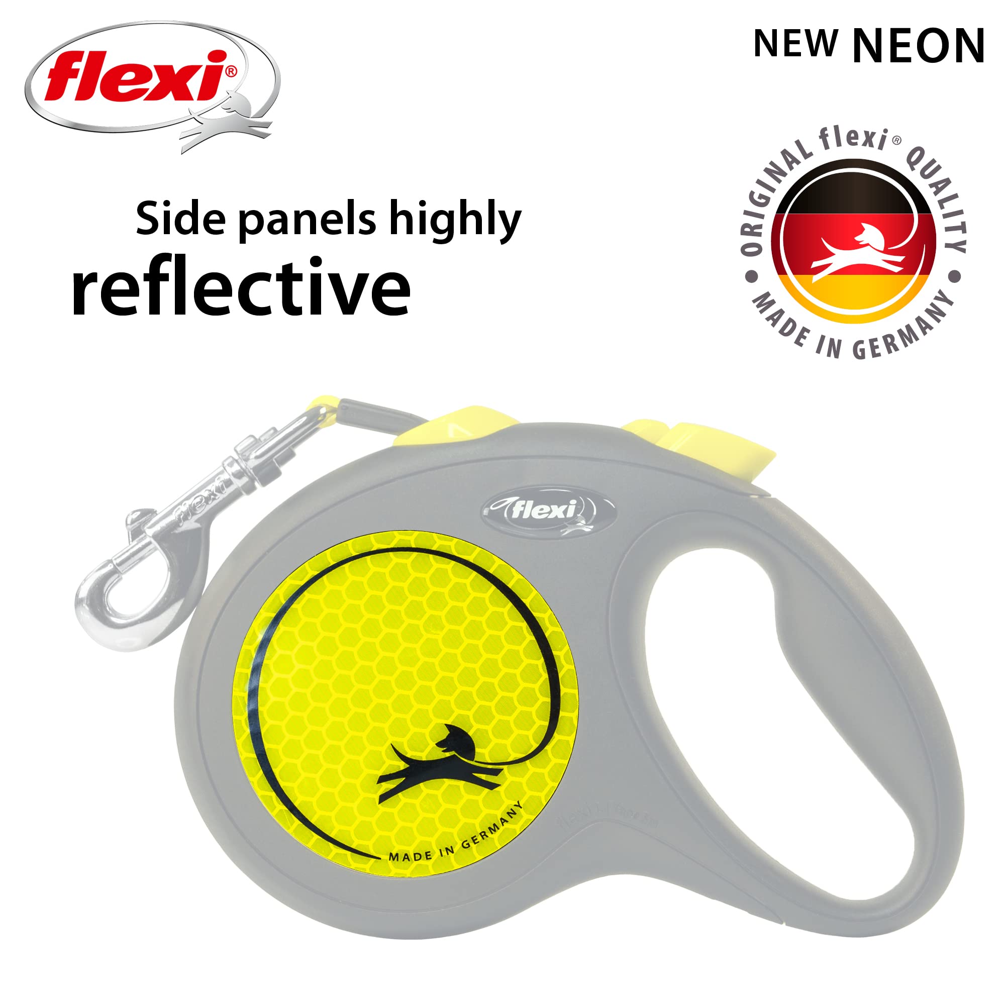 Flexi New Neon Tape Retractable Dog Leashes For Large Dogs Upto 110 Lbs. – 16 Ft., Neon Yellow/Black | Tangle Free Pet Walking Leash With One-Handed Brake, Pause, Lock|German Quality Product