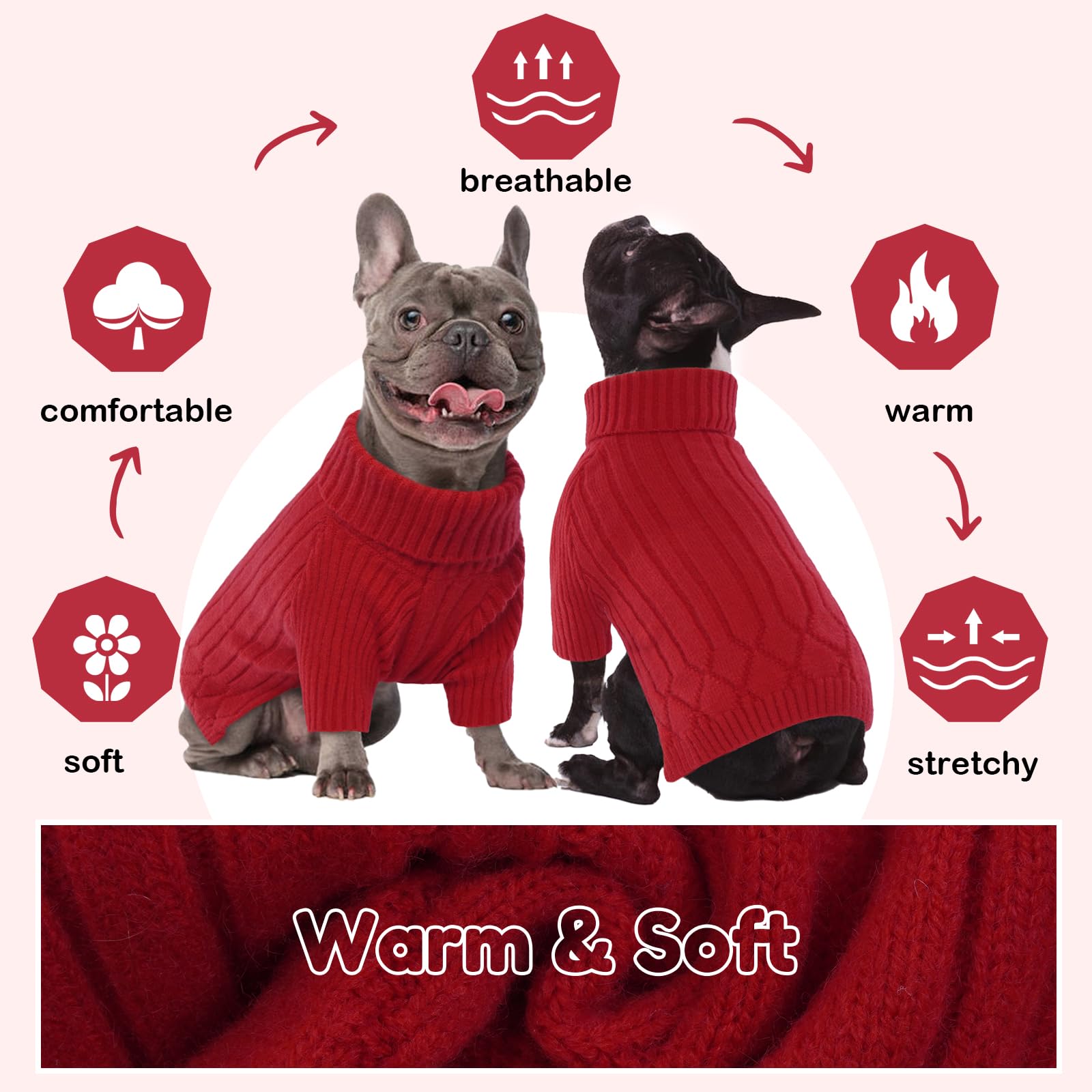 OUOBOB Large Dog Sweater - Turtleneck Thick Warm Doggie Christmas Sweater for Girl Boy Dogs (Red L)