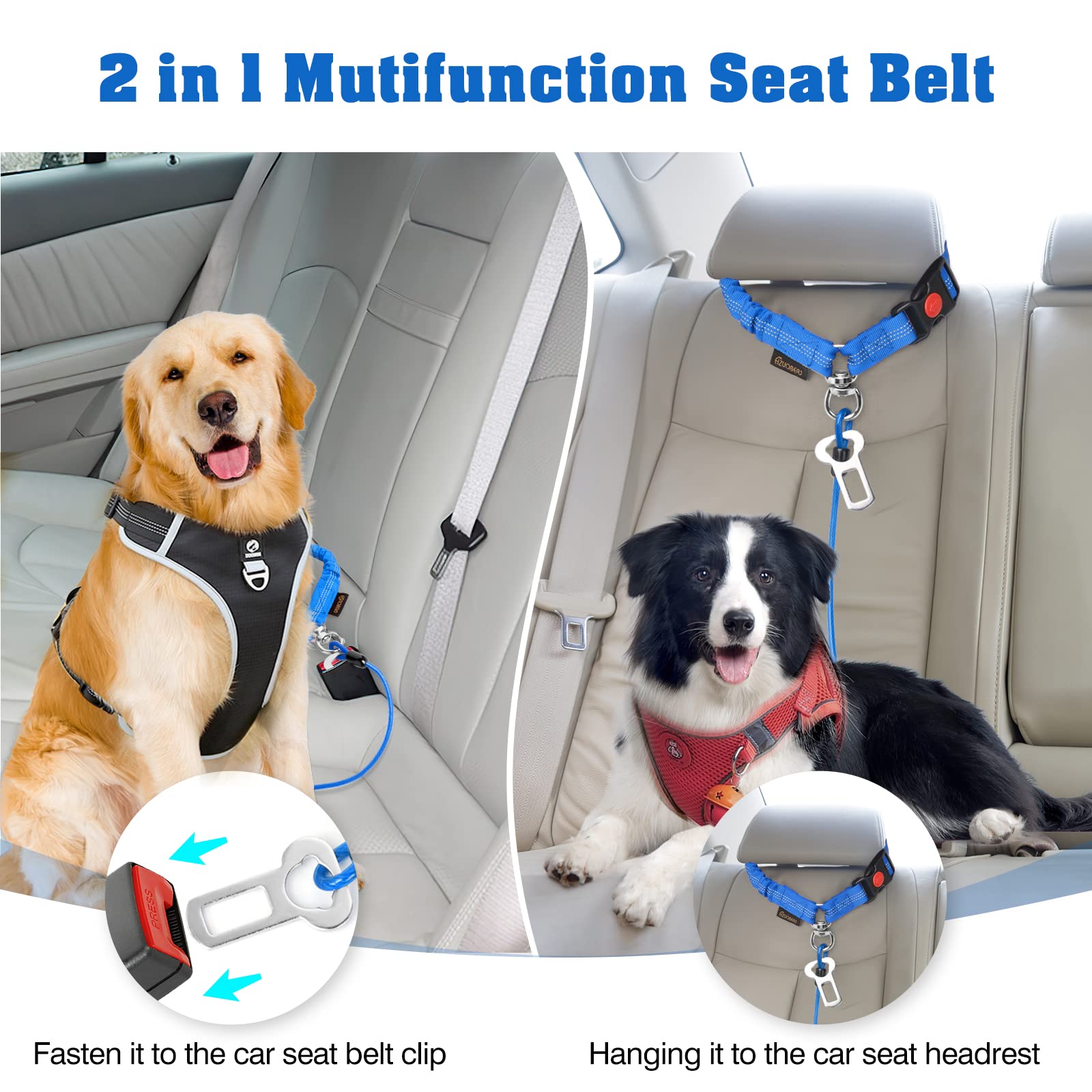Chzuober Chew Proof Dog Car Seat Belt, 2 In 1 Steel Cable Dog Car Accessories Headrest Restraint Dog Seat Belt For Medium Large