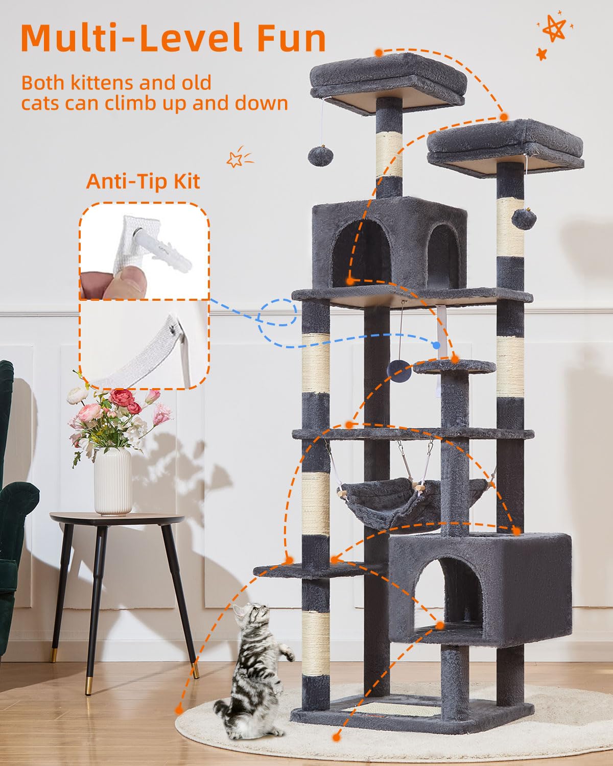 Taoqimiao Cat Tree, 68-Inch Cat Tree Cat Tower For Indoor Cats, Plush Multi-Level Cat Condo With 6 Scratching Posts, 2 Perches,