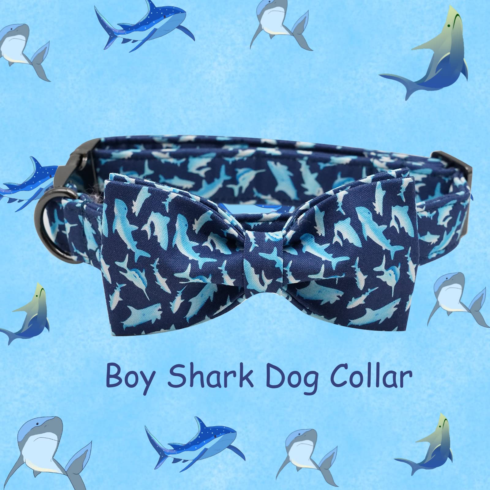 Elegant little tail Dog Collar with Bow, Shark Print Adjustable Dog Collar Cute Bowtie Dog Collar Boy Pet Collar for Large Dogs