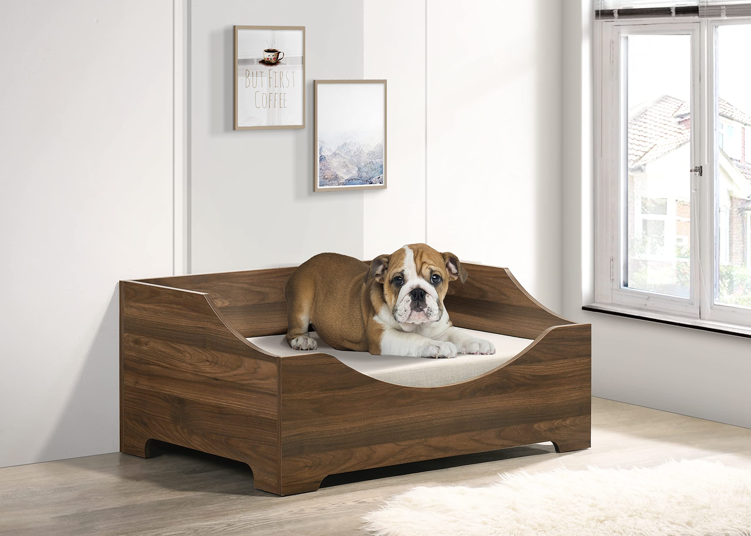 Gibson Brown Alder Wood Dog Bed Frame ?36&quot; Wide Modern Comfy Pet Bunk Bed with Cushion