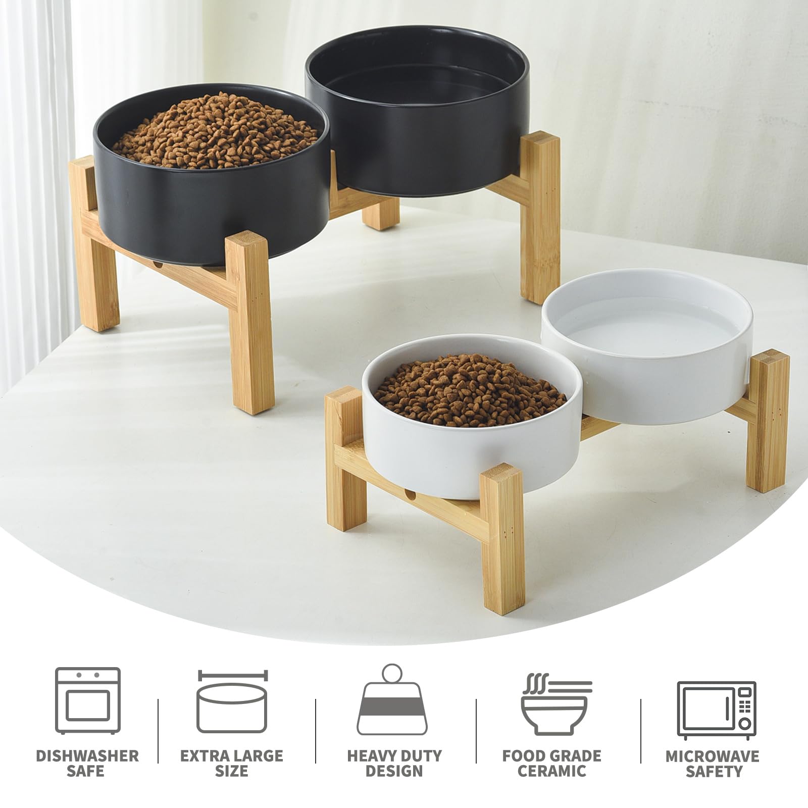 Welloyed Raised Ceramic Dog Bowl Set - Elevated Dog Bowls with Non Slip Bamboo Stand, Food and Water Bowl Set for Small and Medi