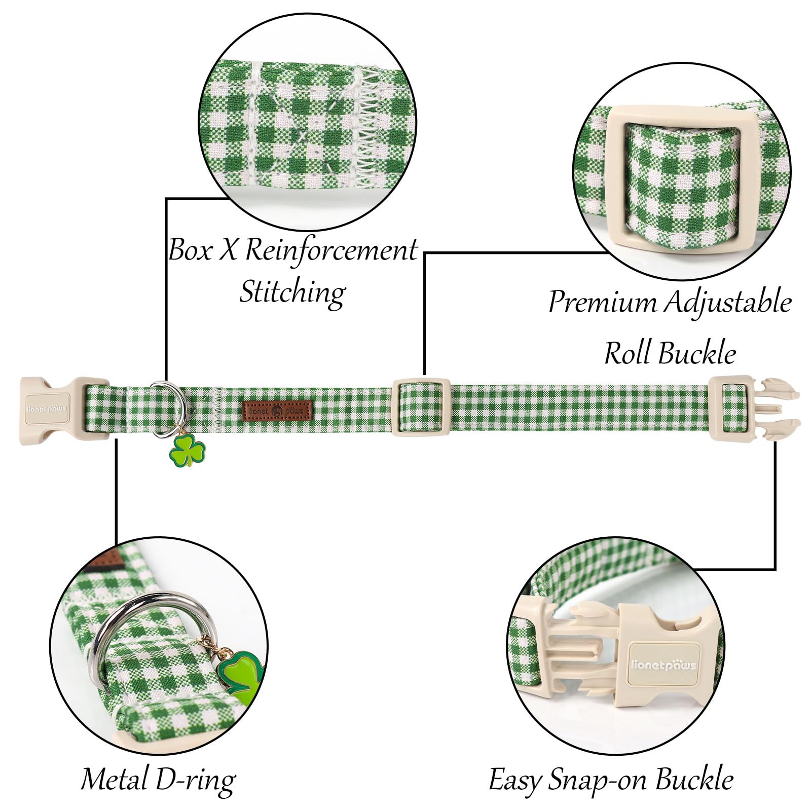 Lionet Paws St. Patrick Dog Collar, Comfortable Adjustable Green Collar With Green And White Grid Pattern For X-Small Male Femal