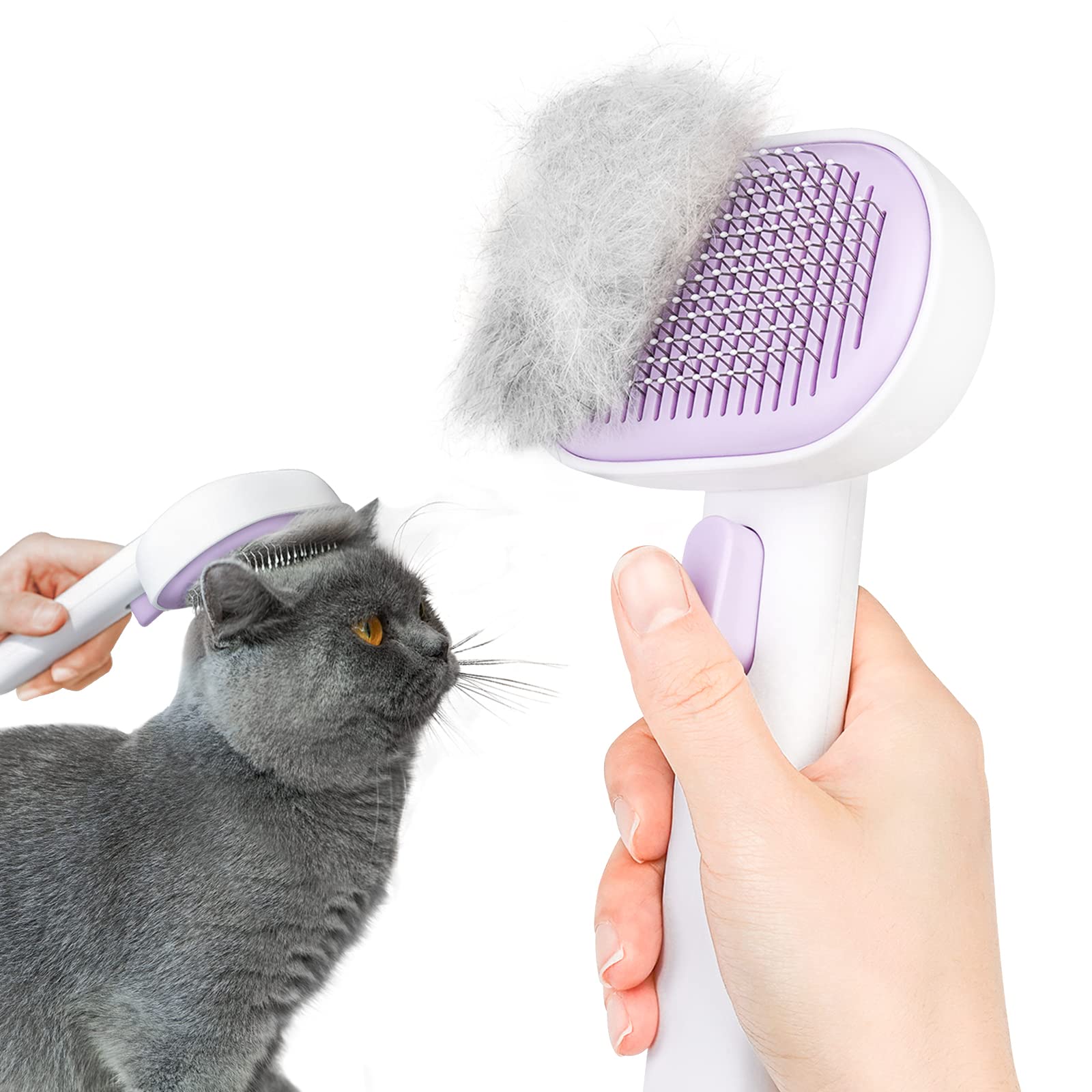 Aumuca Cat Brush With Release Button, Cat Brushes For Indoor Cats Shedding, Cat Brush For Long Or Short Haired Cats, Cat Grooming Brush Cat Comb For Kitten Rabbit Massage Removes Loose Fur Purple