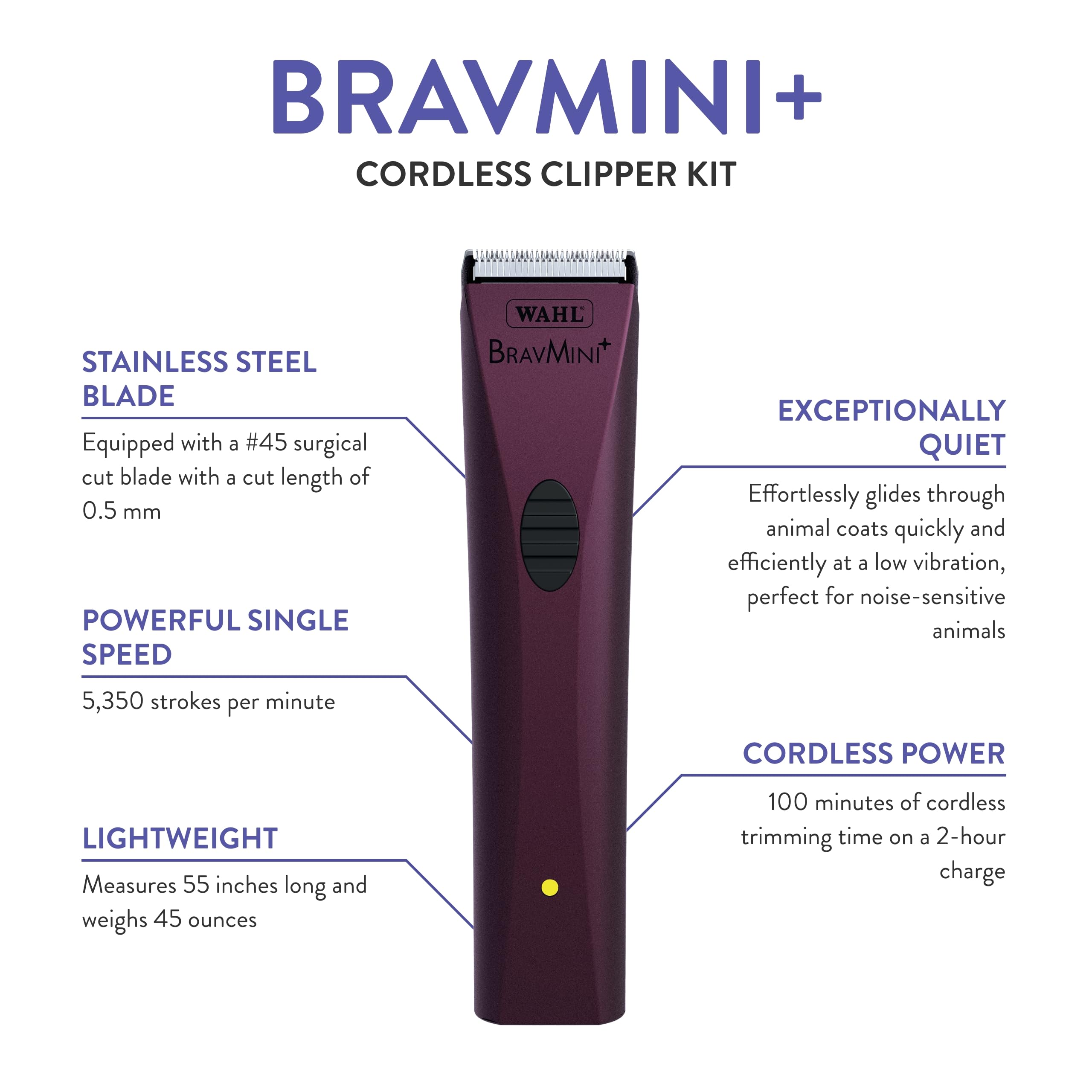Wahl Professional Bravmini+ Cordless Trimmer Kit for Pets - Purple, Mini Size, Ideal for Dogs, Cats, & Horses