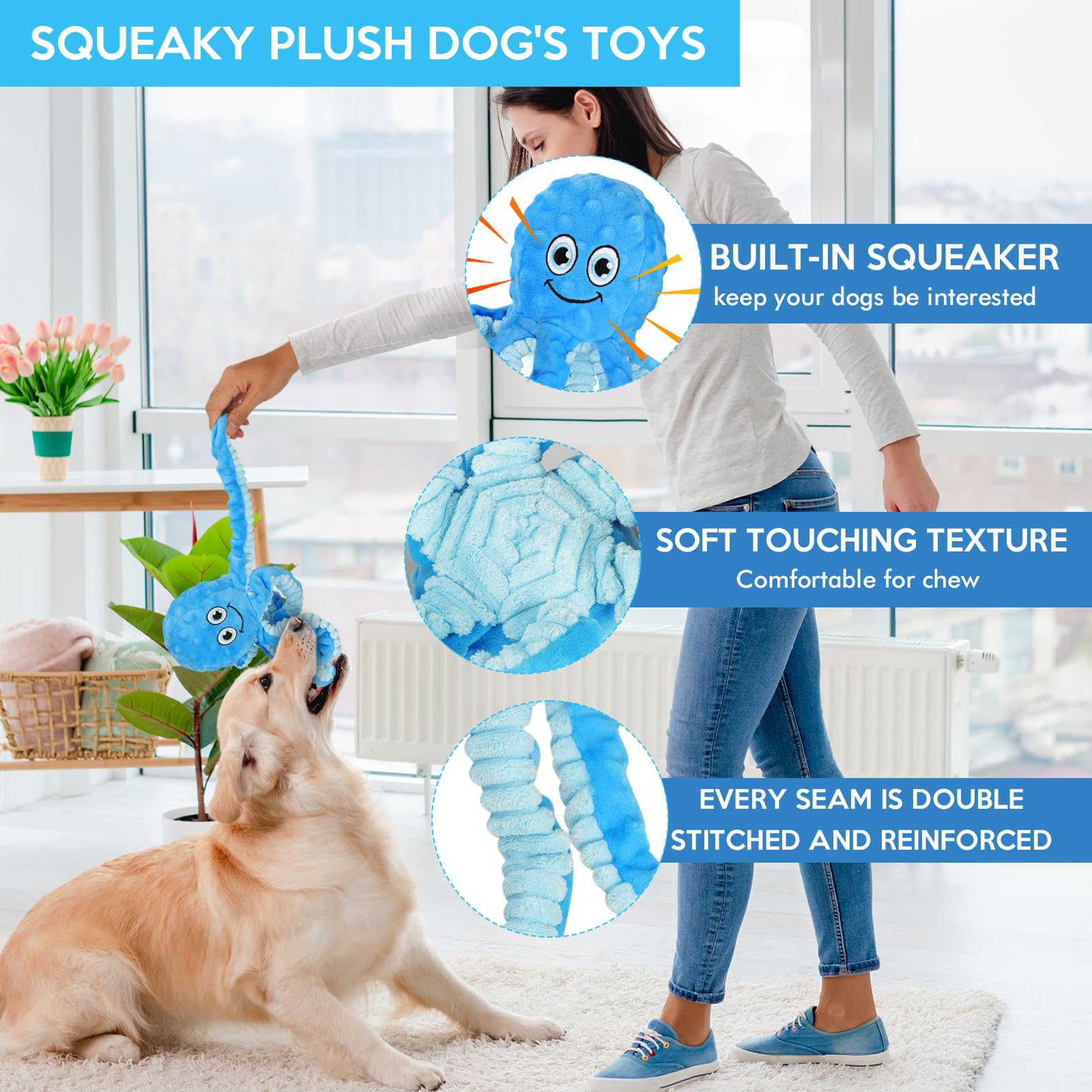 Letsmeet Squeaky Dog Toys Octopus Stuffed Crinkle Toy, Puppy Chew Toys For Teething, Durable Tug Of War Interactive Plush Dog To