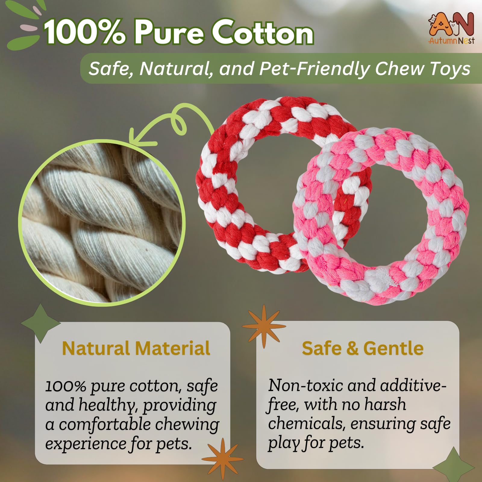 Autumnnest Woven Round Donut Pet Rope Toys Set, 2-Pack (Red & Pink) 4.8-Inch Durable Cotton Pet Chew Toys For Dogs & Cats, Heavy