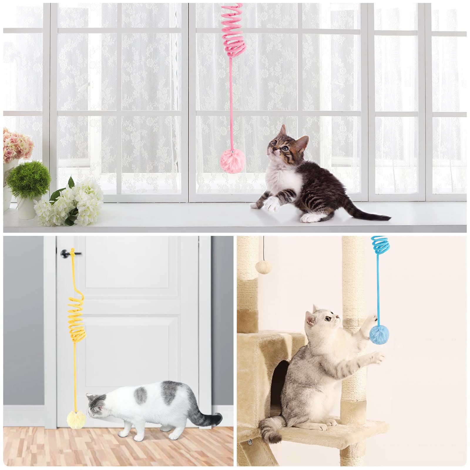 Wonowpa Cat Spring Toys, Self-Play Hanging Stretchable Cat Spring With Bell, 3 Pack Soft Plush Interactive Cat Toys For Indoor C