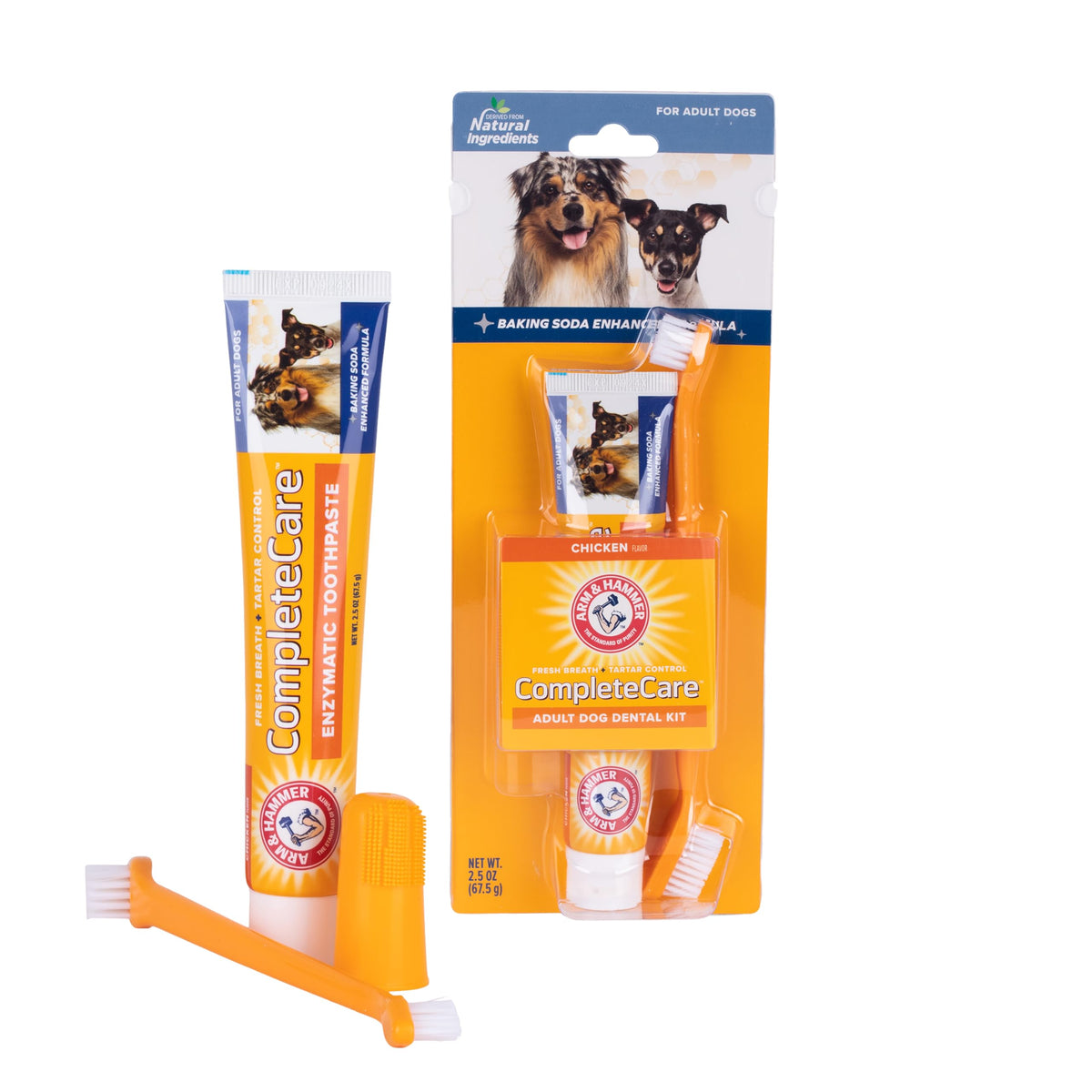 Arm & Hammer Complete Care Dog Dental Kit | 2.5Oz Chicken Flavored Dog Toothpaste, Double Side Dog Toothbrush, Rubber Dog Finger Brush| Arm & Hammer Baking Soda Enhanced Formula