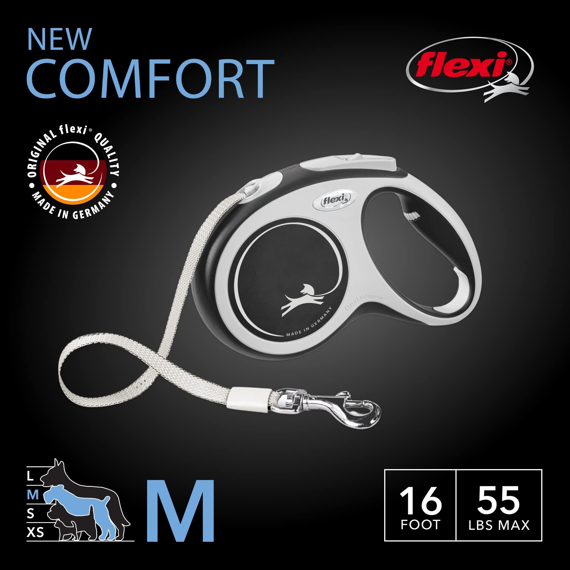 Flexi® New Comfort Tape Retractable Dog Leash For Medium Dogs Upto 55 Lbs. – 16 Ft., Grey/Black | Tangle Free Pet Walking Leash With One-Handed Brake, Pause, Lock |German Quality Product