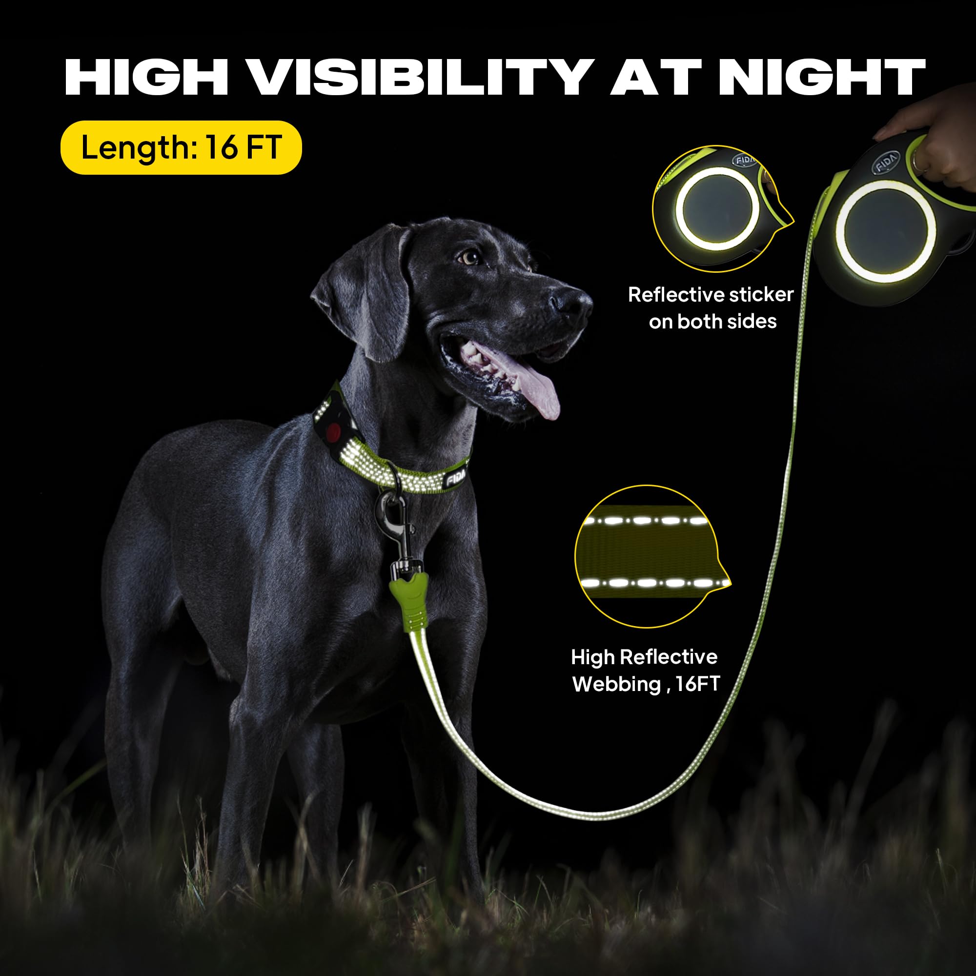 Fida Retractable Dog Leash, Reflective 16Ft Heavy Duty Pet Walking Leash For Medium/Large Dog Up To 110 Lbs, Tangle Free. One-Hand Brake (Large, Neon Yellow)
