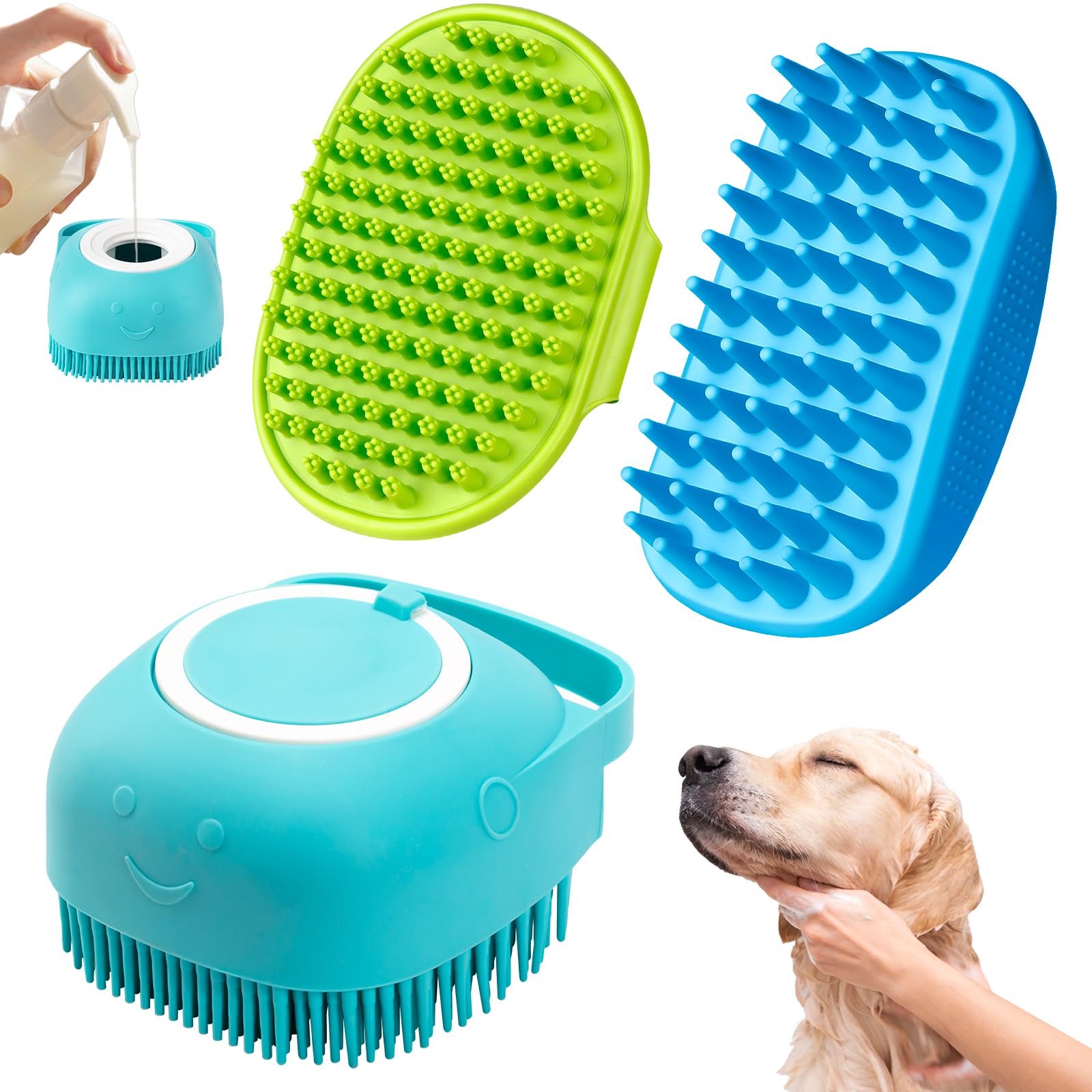 Comotech 3PCS Dog Bath Brush | Dog Shampoo Brush |Scrubber for Bath | Grooming/Washing Brush Scrubber (Blue Blue Green)