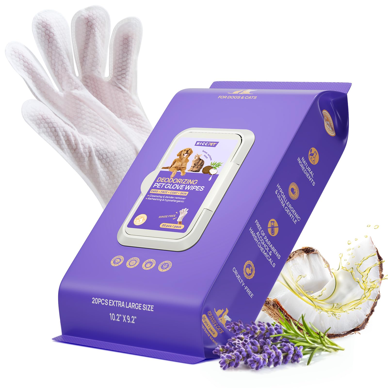 Hicc Pet Cleaning & Deodorizing Bathing Wipes For Dogs & Cats, Hypoallergenic Coconut Oil Grooming Glove Wipes For Dogs Nourishi