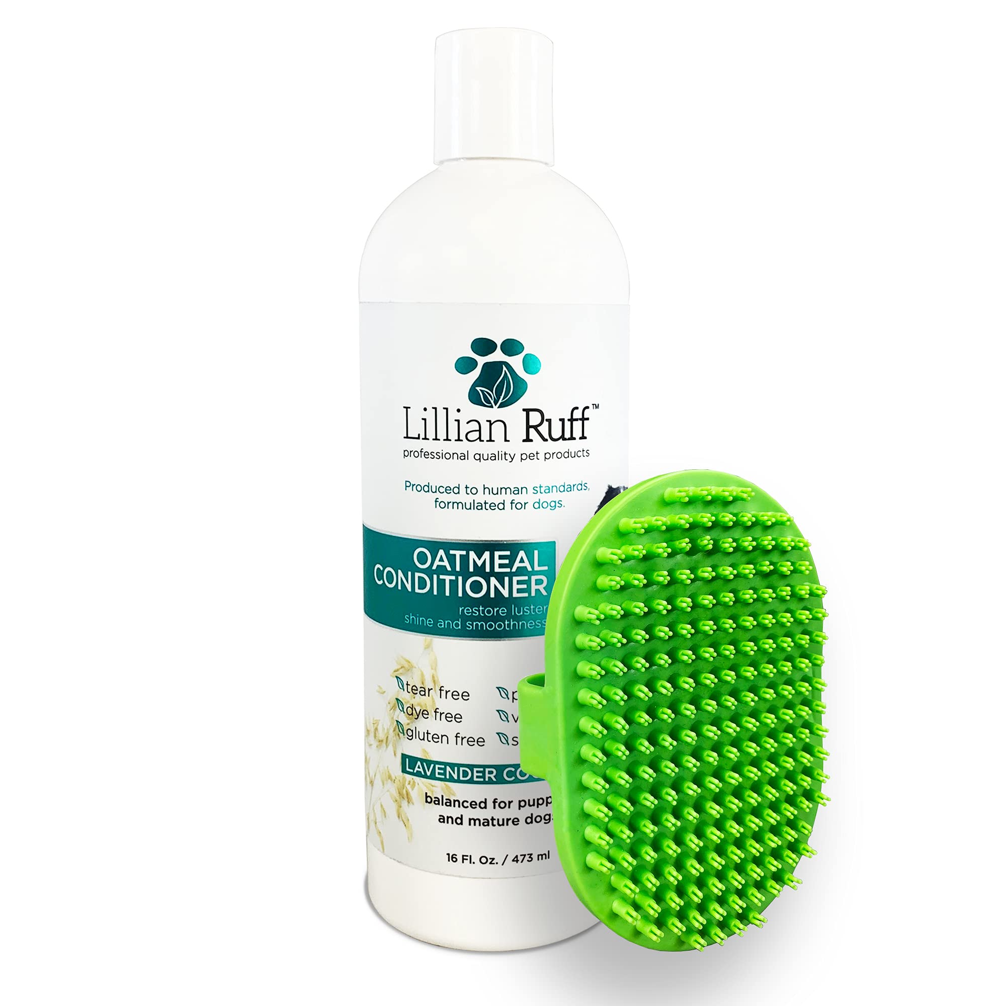 Lillian Ruff Calming Oatmeal Pet Conditioner For Dry Skin & Itch Relief With Aloe & Hydrating Essential Oils - Replenish Moisture & Deodorize - Dog Conditioner For Normal/Sensitive Skin (16Oz & Brush)