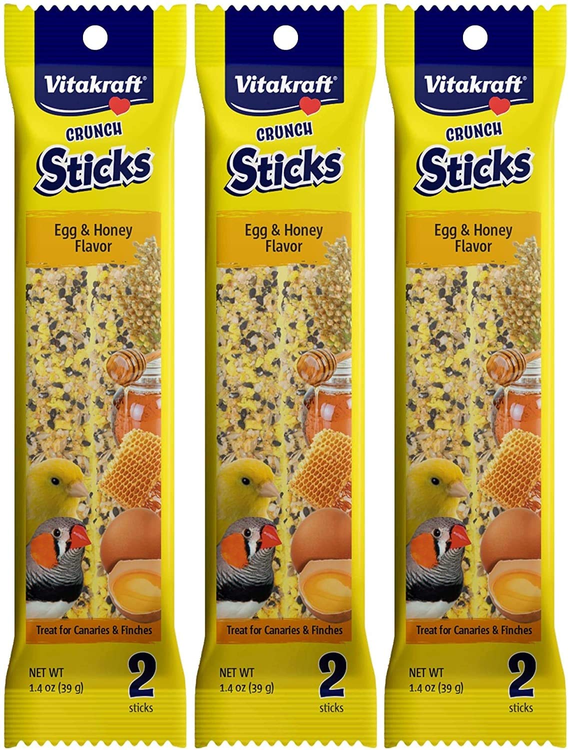 Vitakraft 3 Pack of Finch and Canary Crunch Stick Bird Treats, 2 Sticks Each, Egg and Honey Flavor